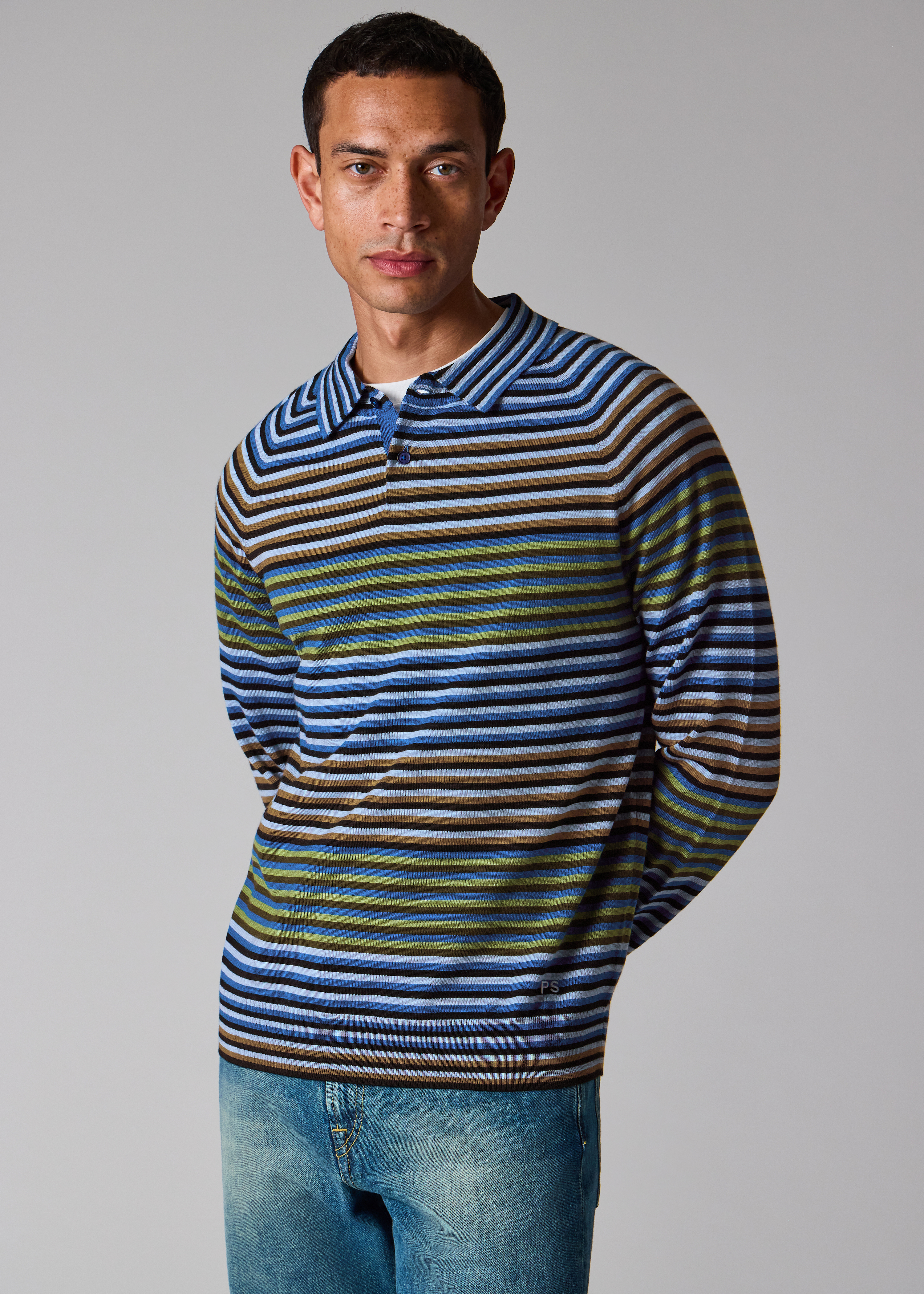 Blue and Green Stripe Merino Wool Polo Shirt