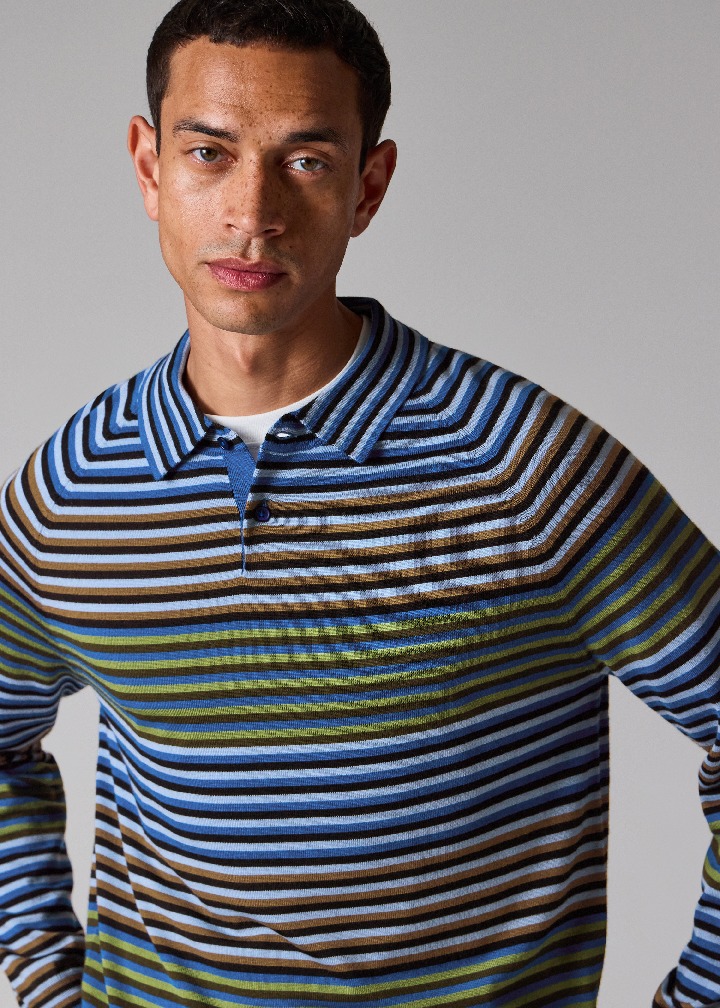 Blue and Green Stripe Merino Wool Polo Shirt