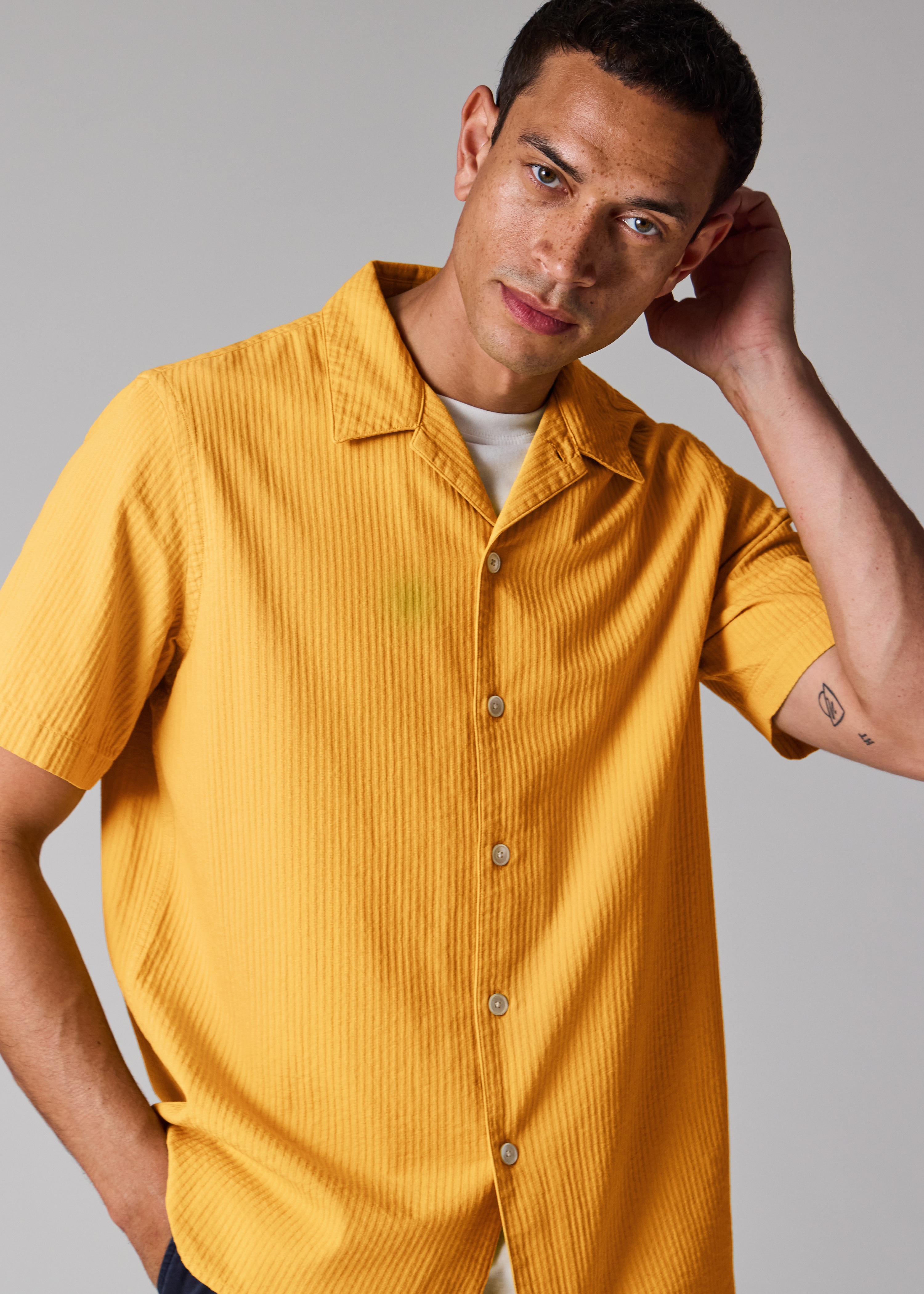 Mustard Textured-Cotton Short-Sleeve Shirt