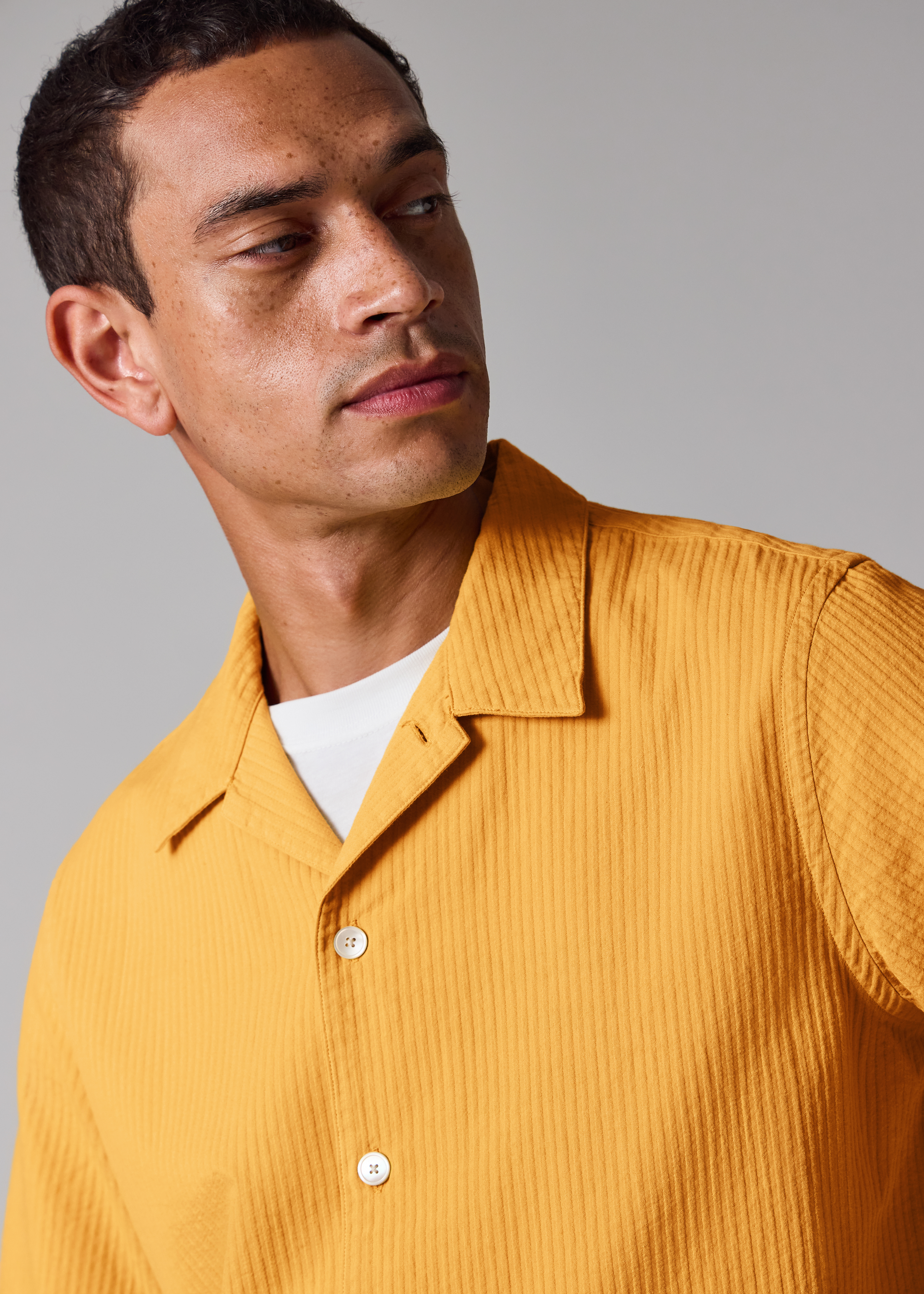 Mustard Textured-Cotton Short-Sleeve Shirt