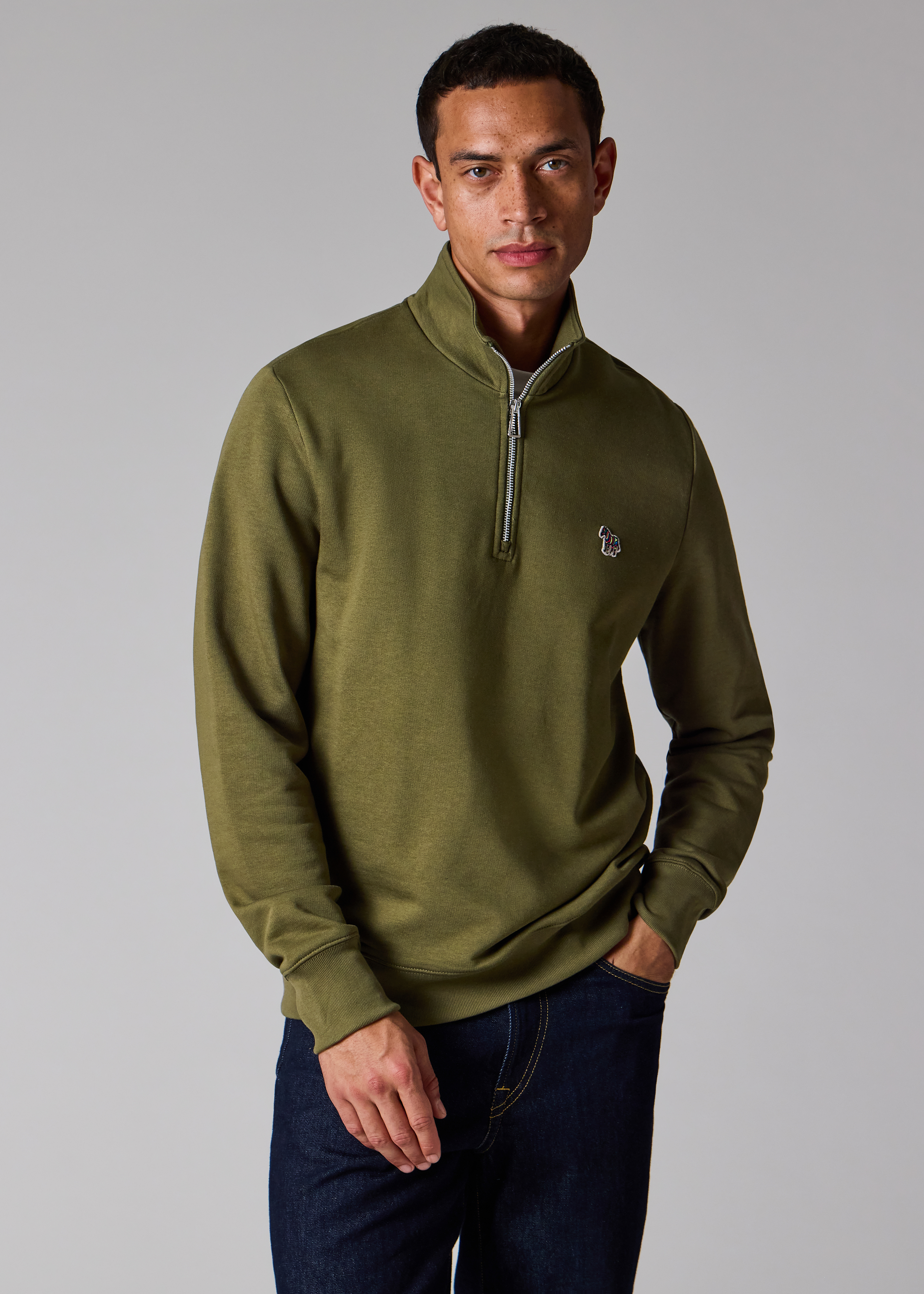 Khaki Green Organic Cotton Zebra Logo Quarter Zip Sweatshirt