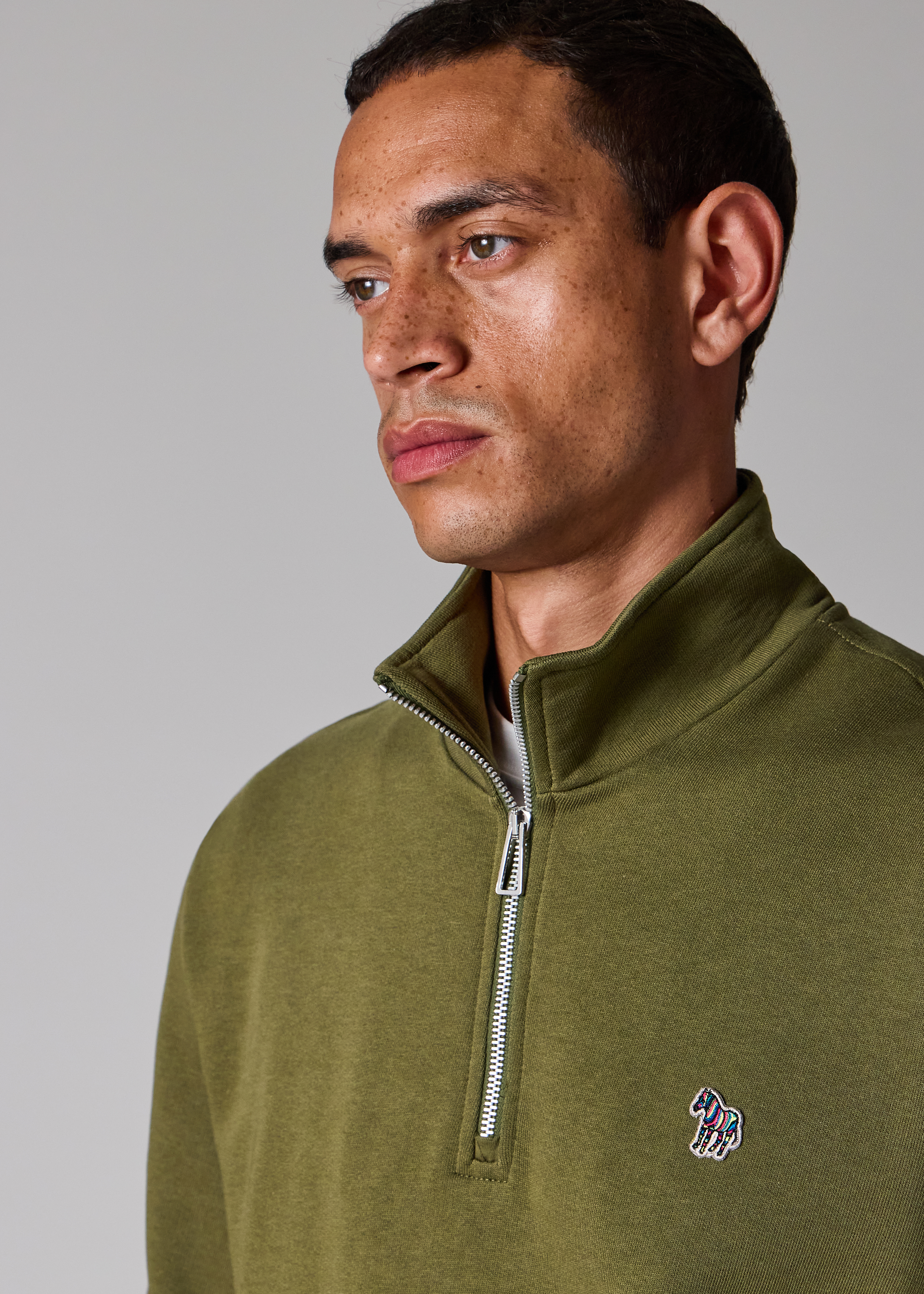 Khaki Green Organic Cotton Zebra Logo Quarter Zip Sweatshirt