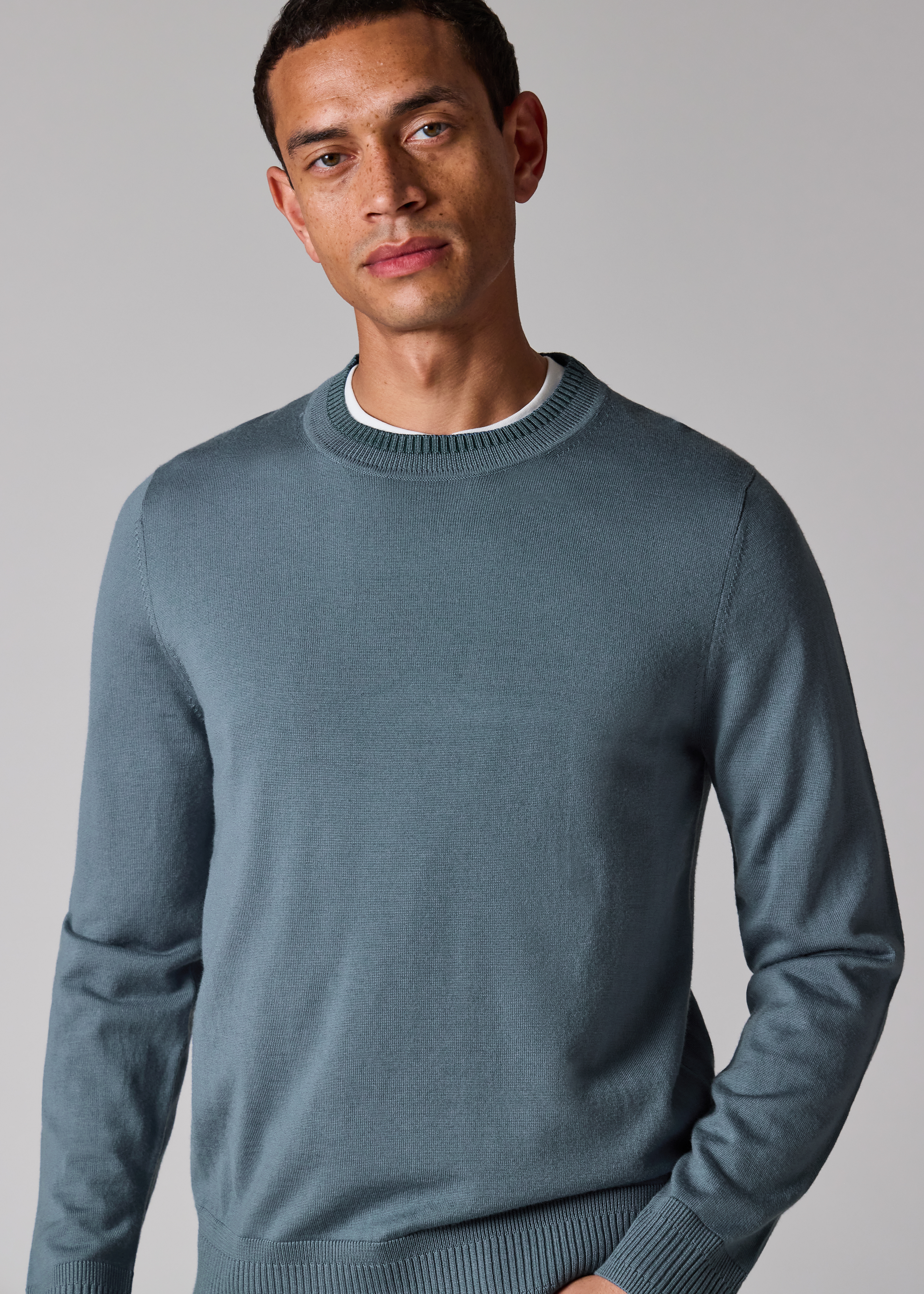 Pale Blue Merino Wool Contrast-Collar Sweater