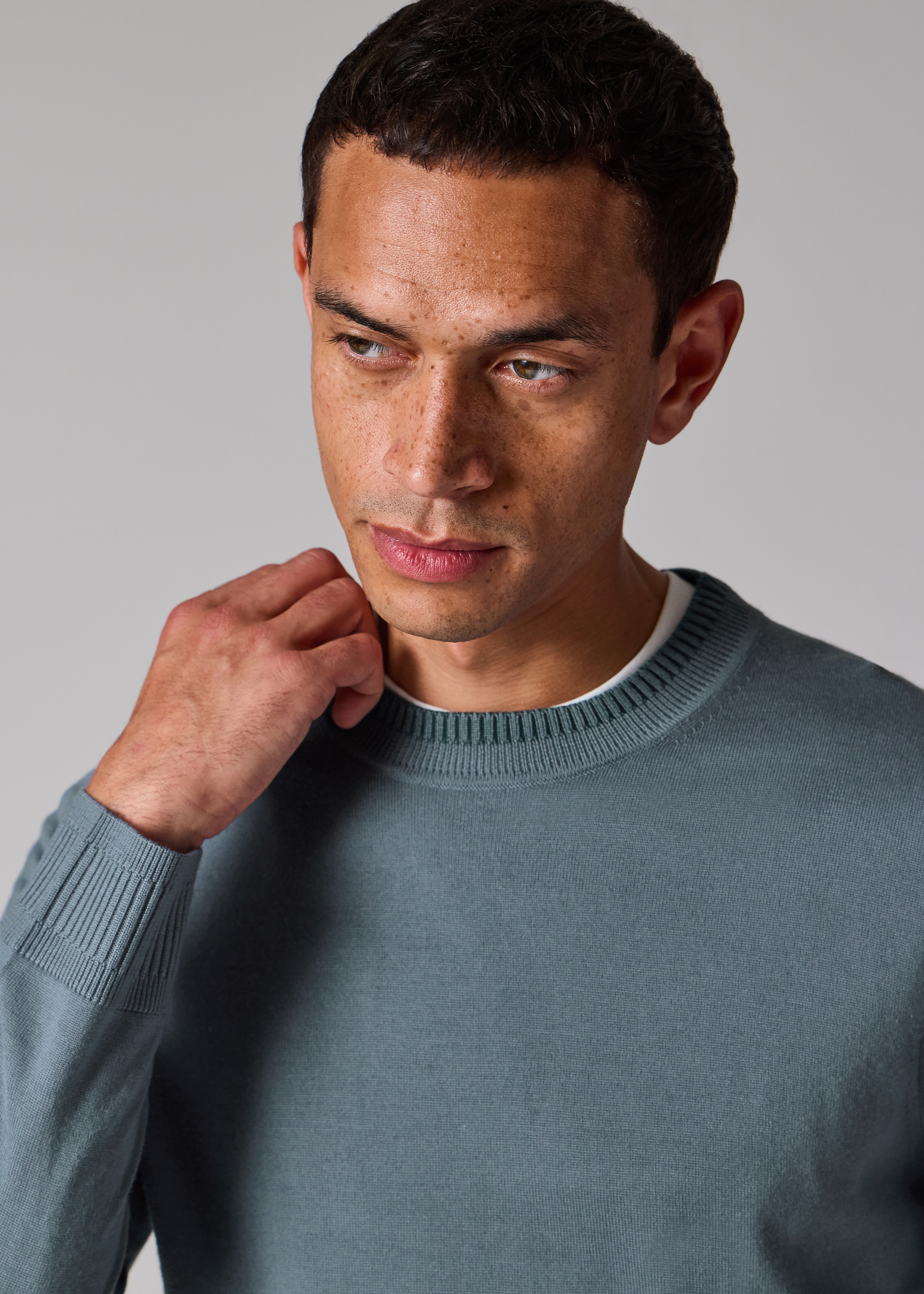 Pale Blue Merino Wool Contrast-Collar Sweater