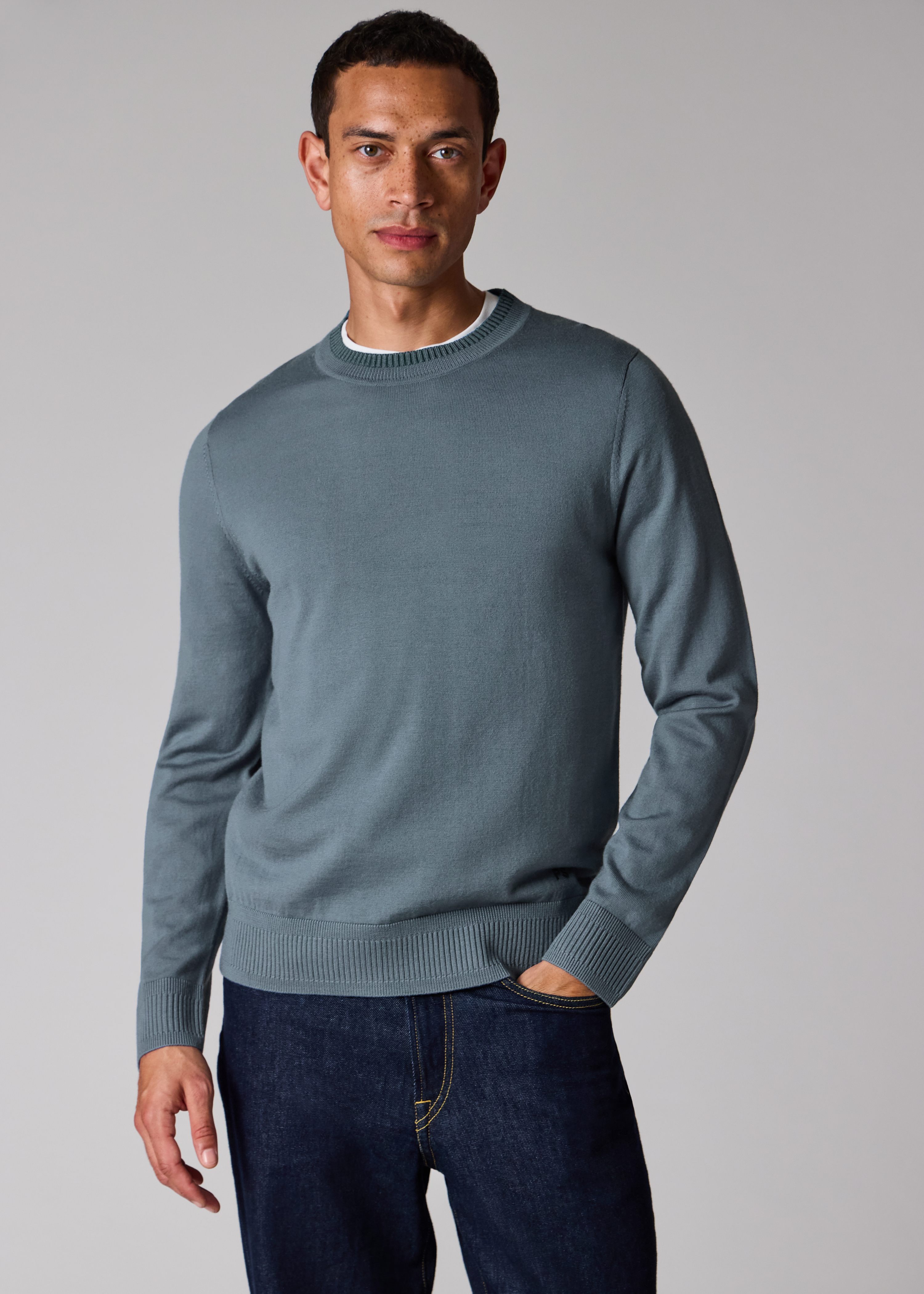 Pale Blue Merino Wool Contrast-Collar Sweater