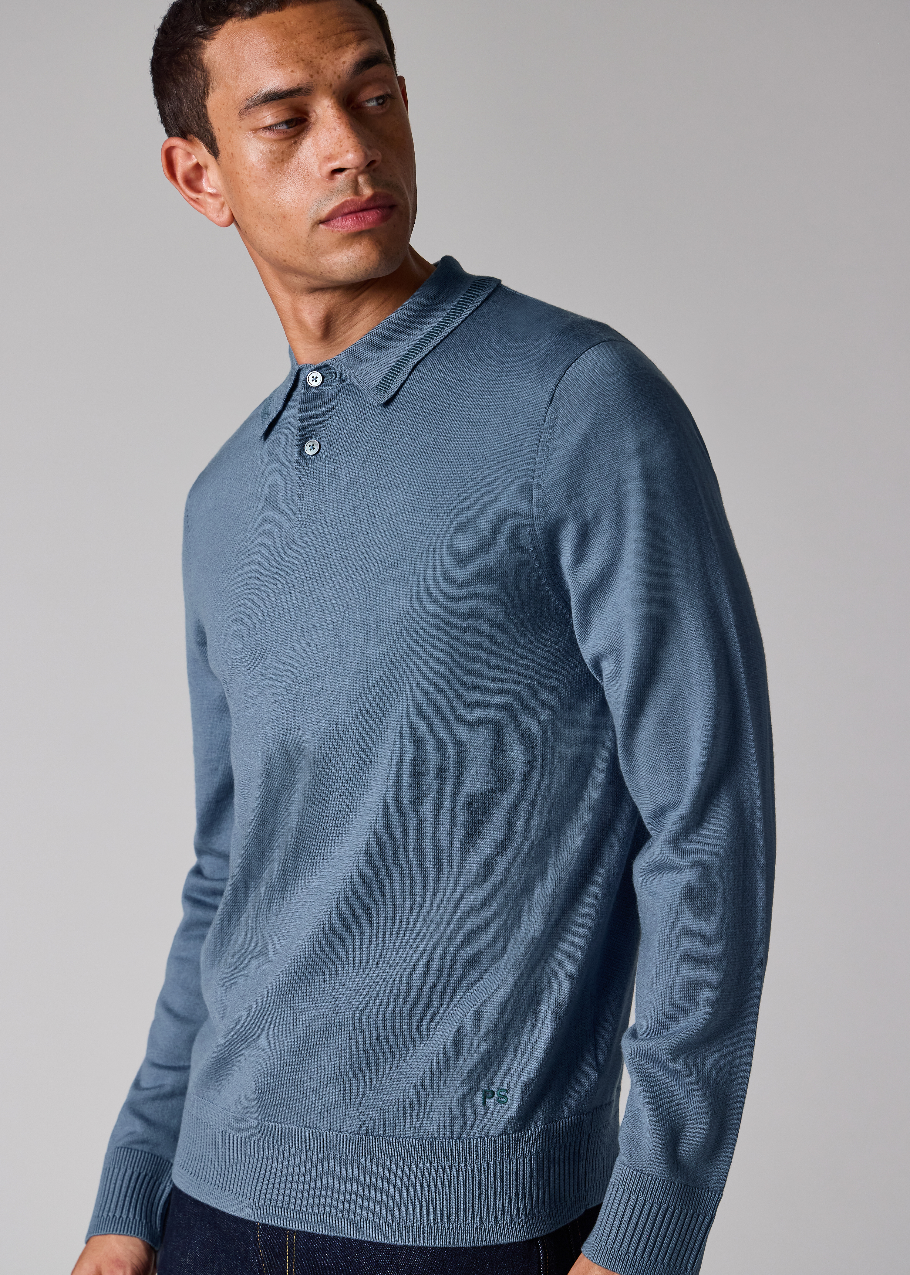 Pale Blue Merino Wool Knitted Polo Shirt
