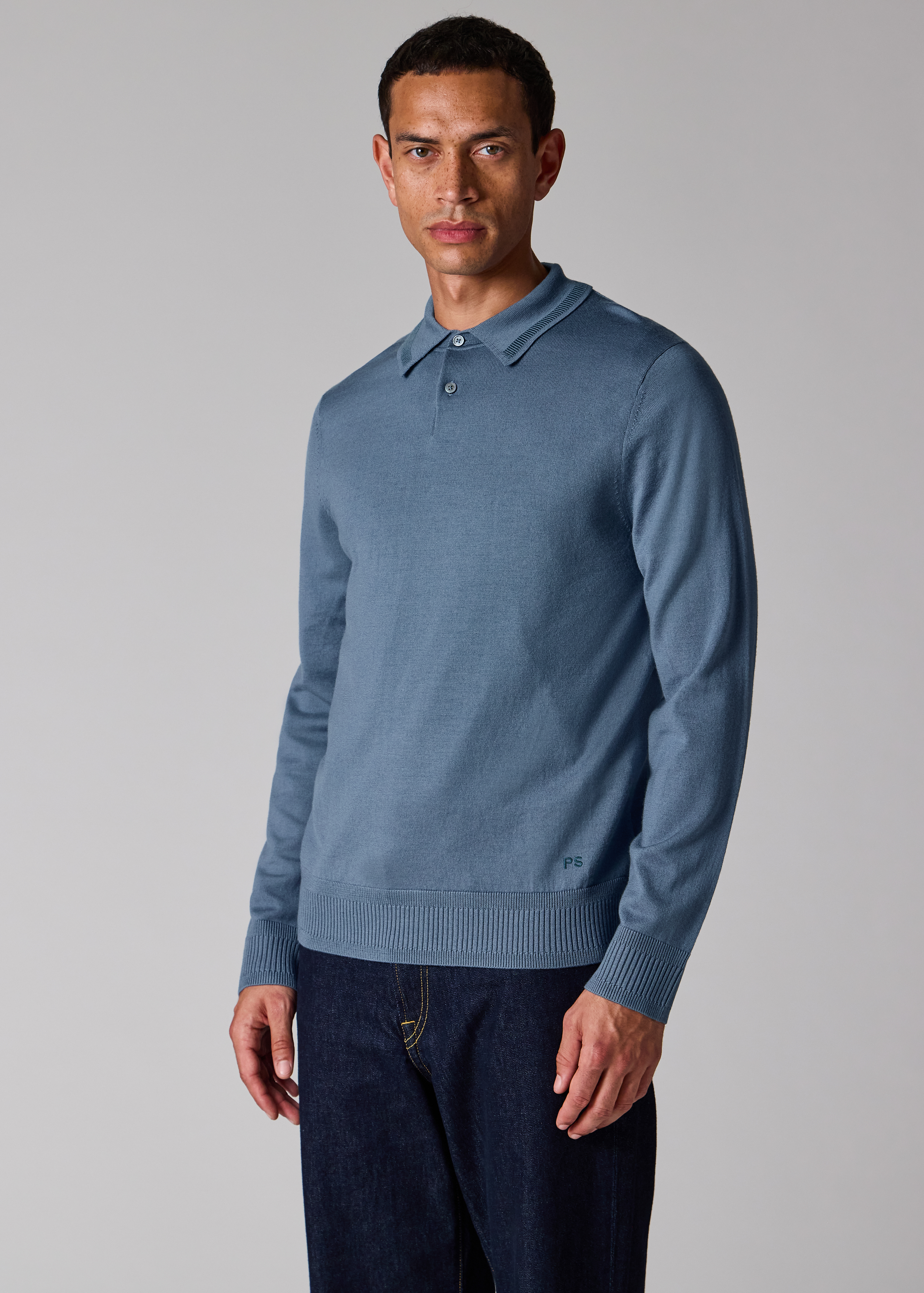 Pale Blue Merino Wool Knitted Polo Shirt