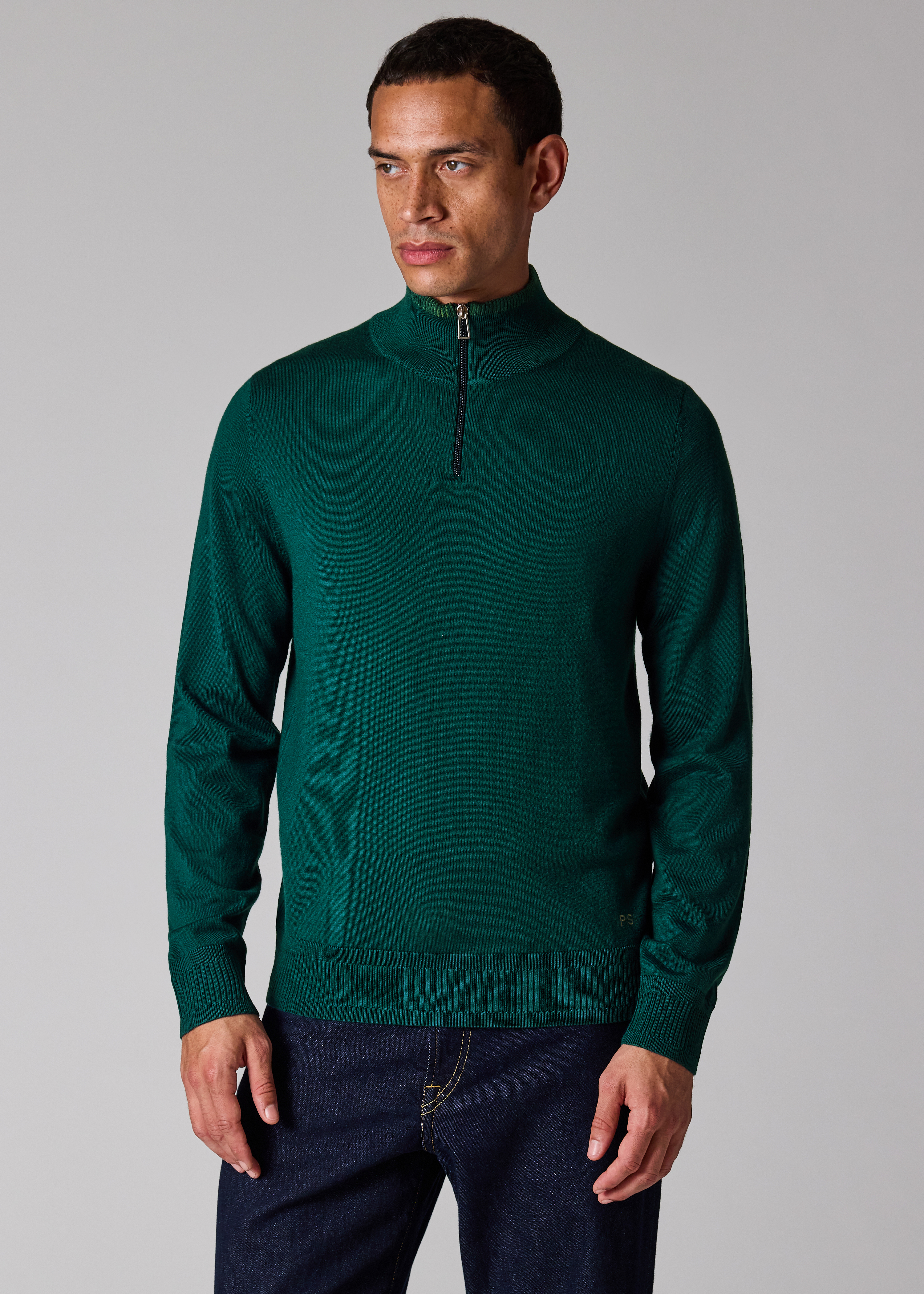 Teal Green Merino Wool Quarter Zip Sweater