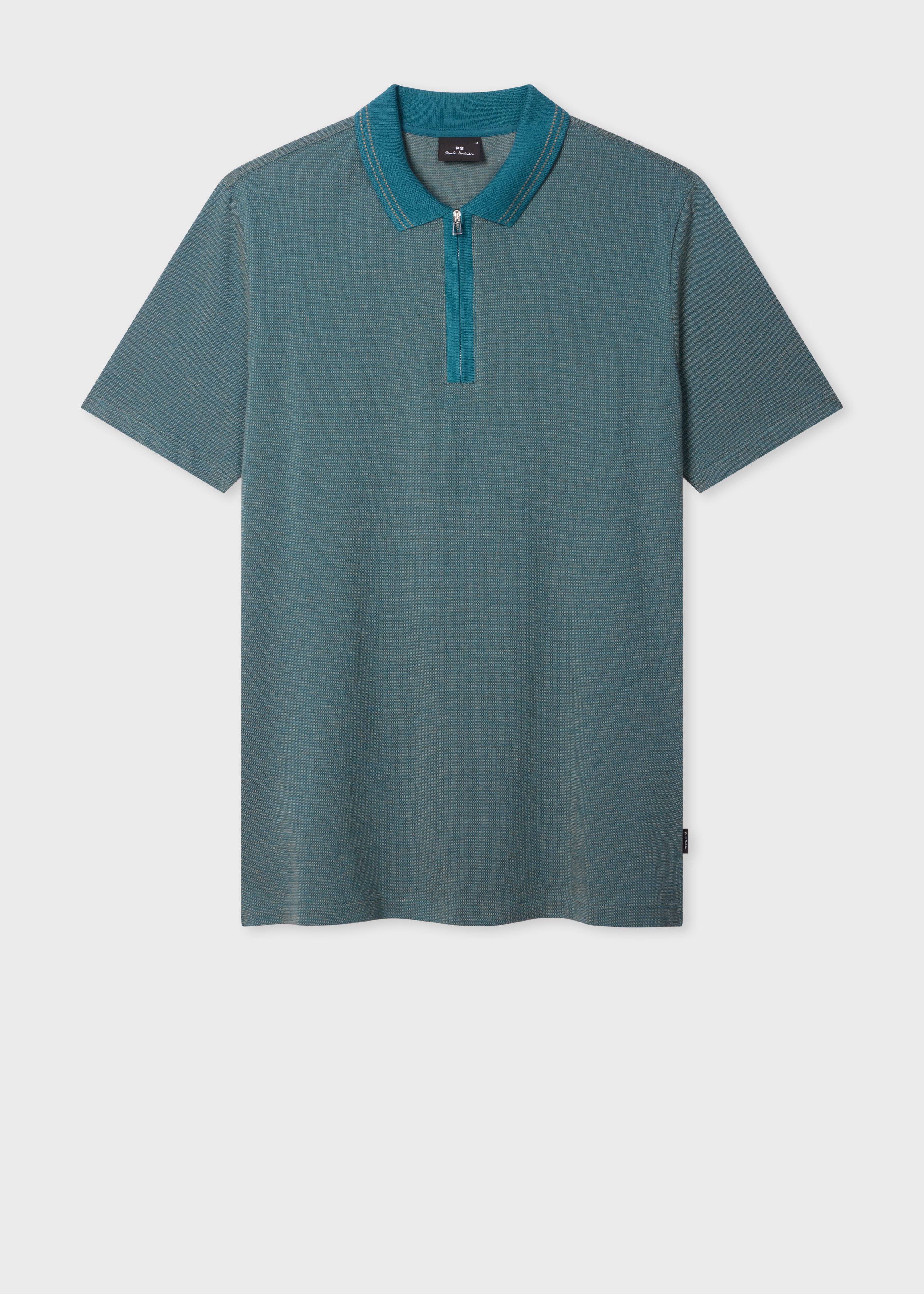 Teal Cotton Jacquard Zip-Neck Polo Shirt