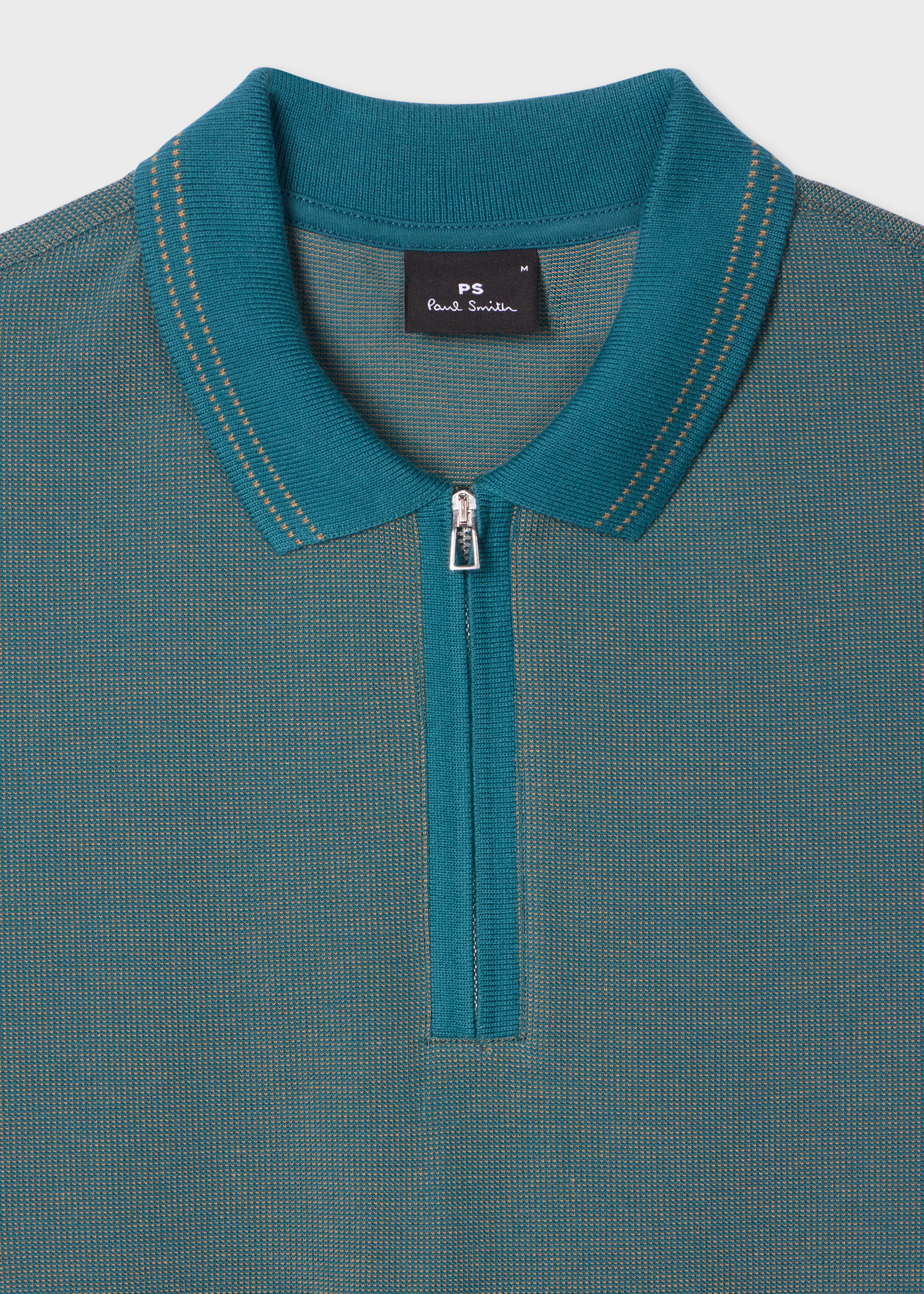 Teal Cotton Jacquard Zip-Neck Polo Shirt