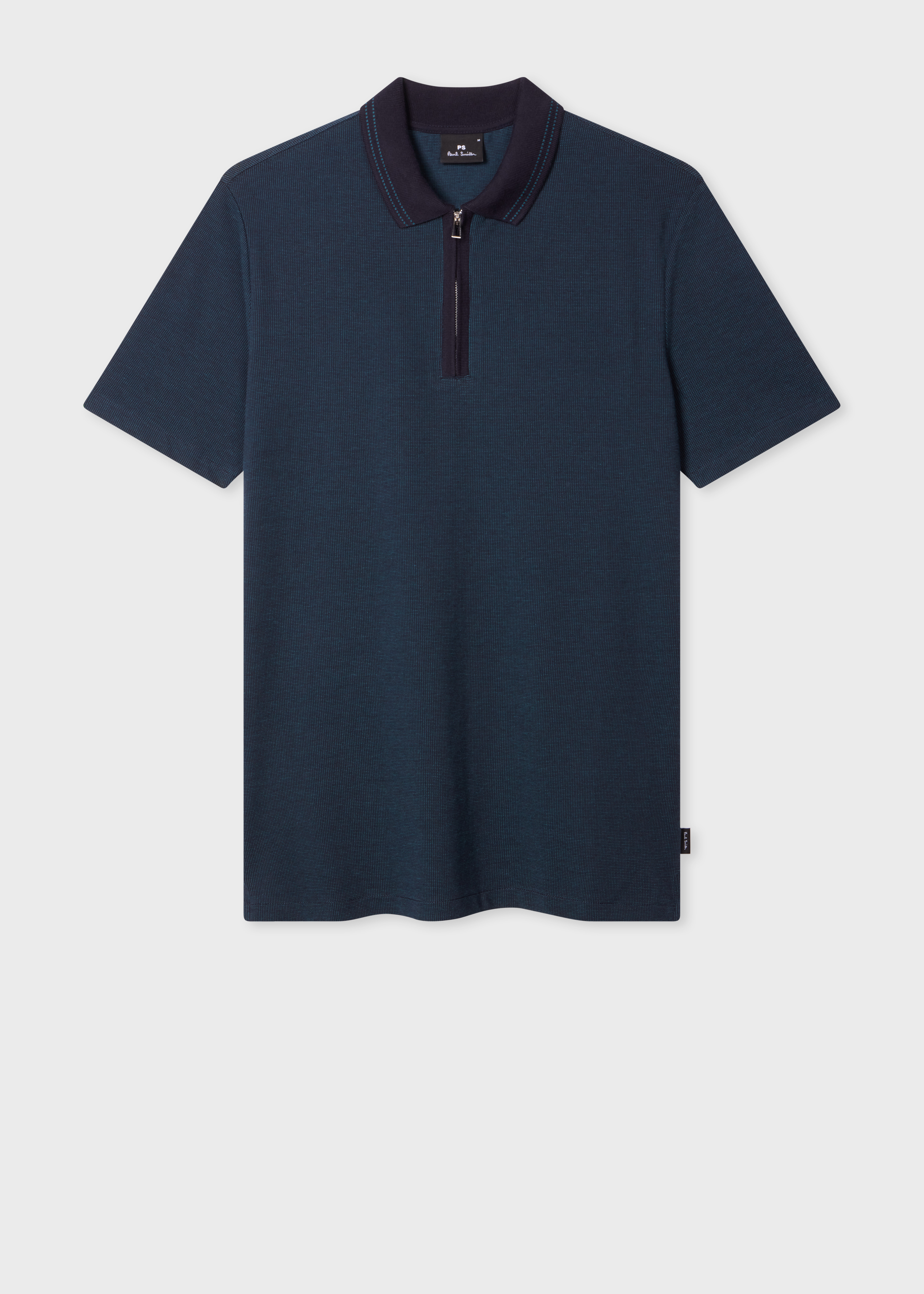Navy Cotton Jacquard Zip-Neck Polo Shirt