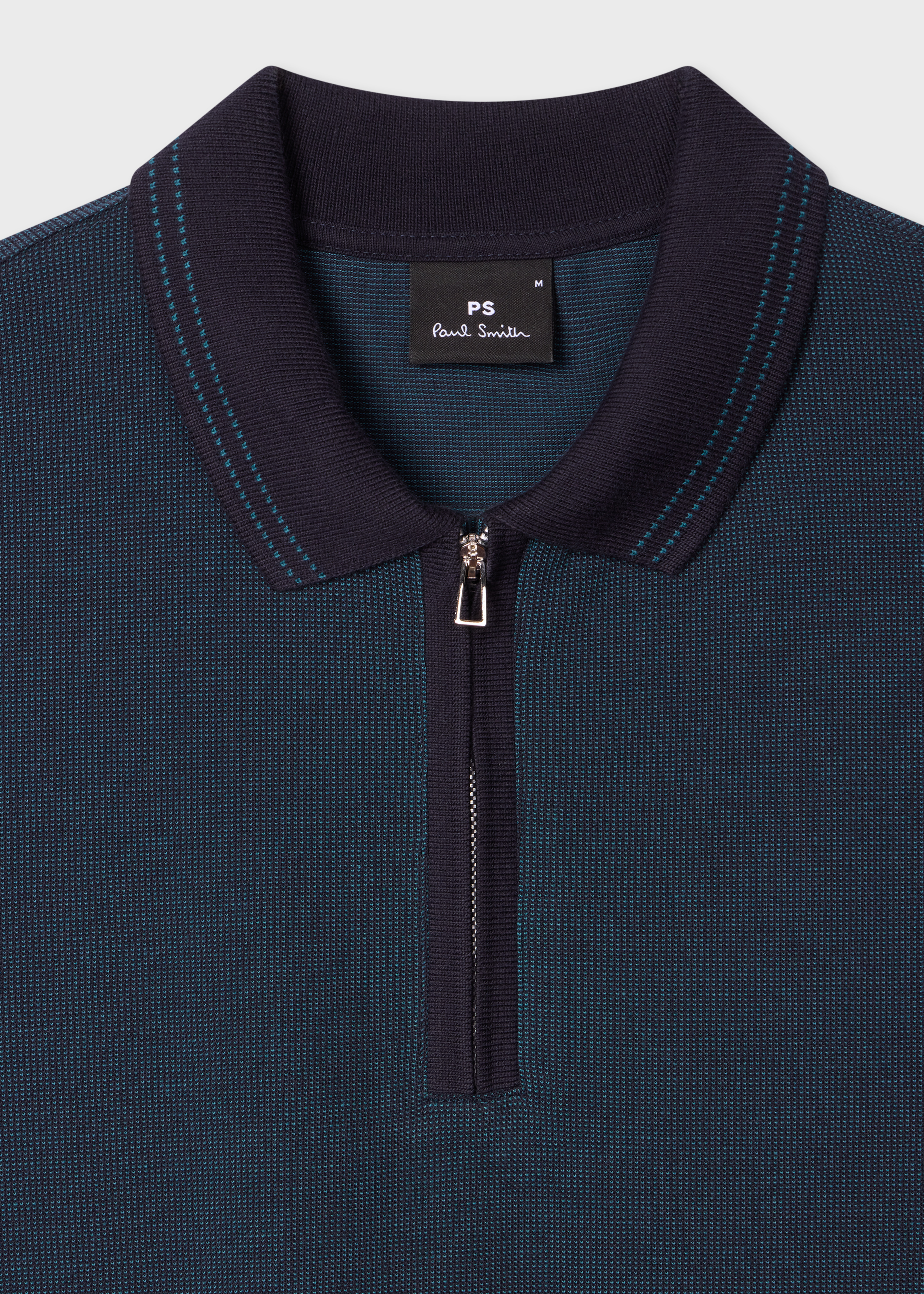 Navy Cotton Jacquard Zip-Neck Polo Shirt