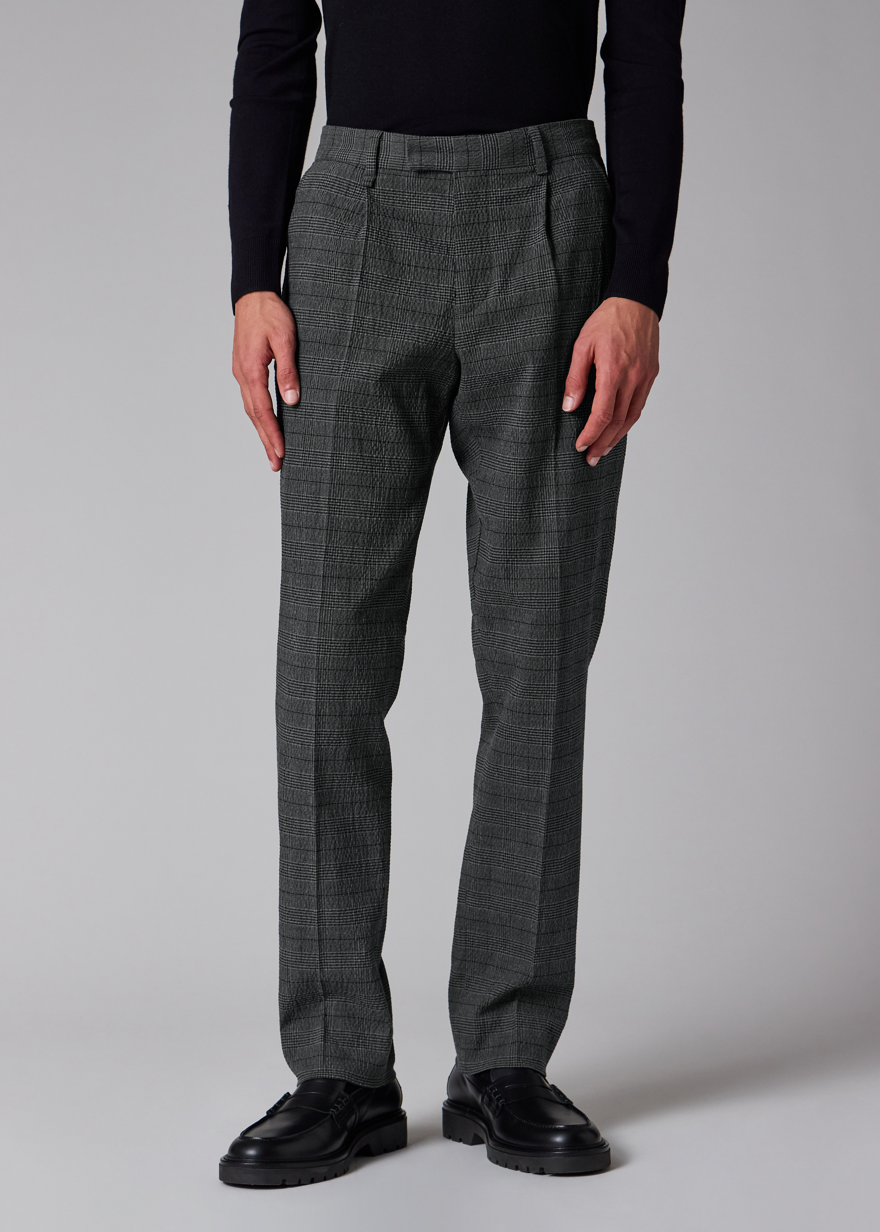 Grey Textured-Cotton Check Pleated Trousers