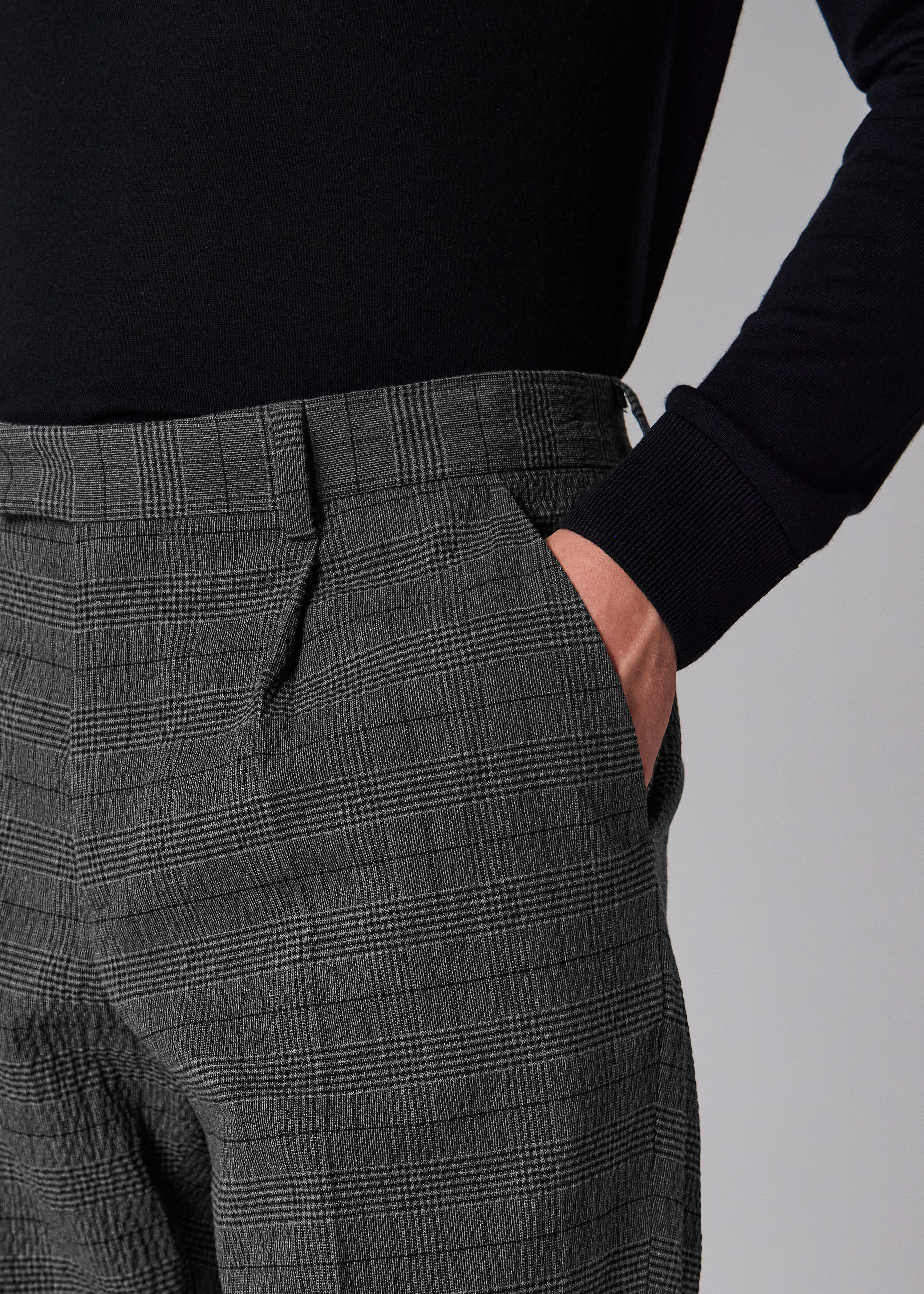 Grey Textured-Cotton Check Pleated Trousers