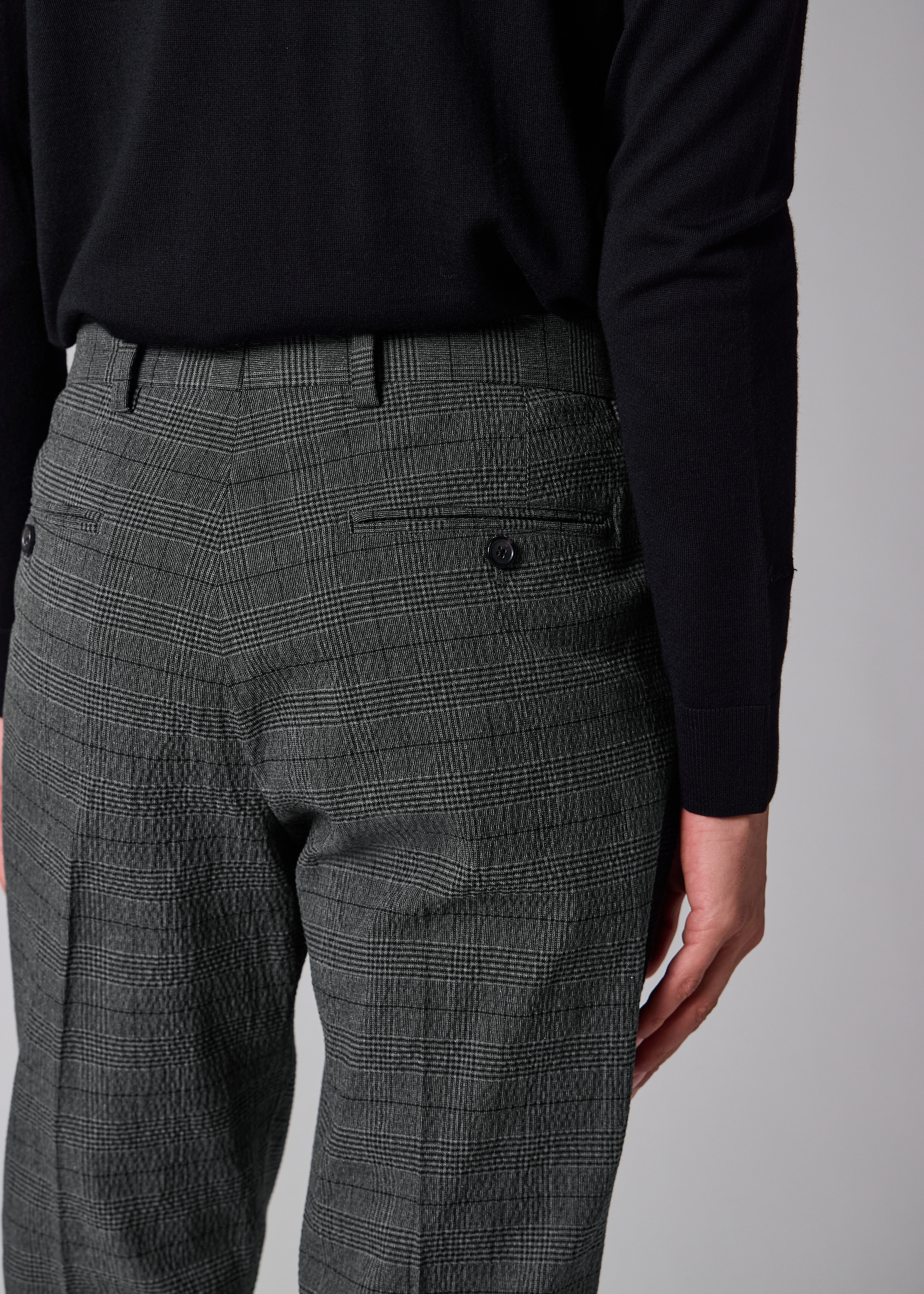 Grey Textured-Cotton Check Pleated Trousers