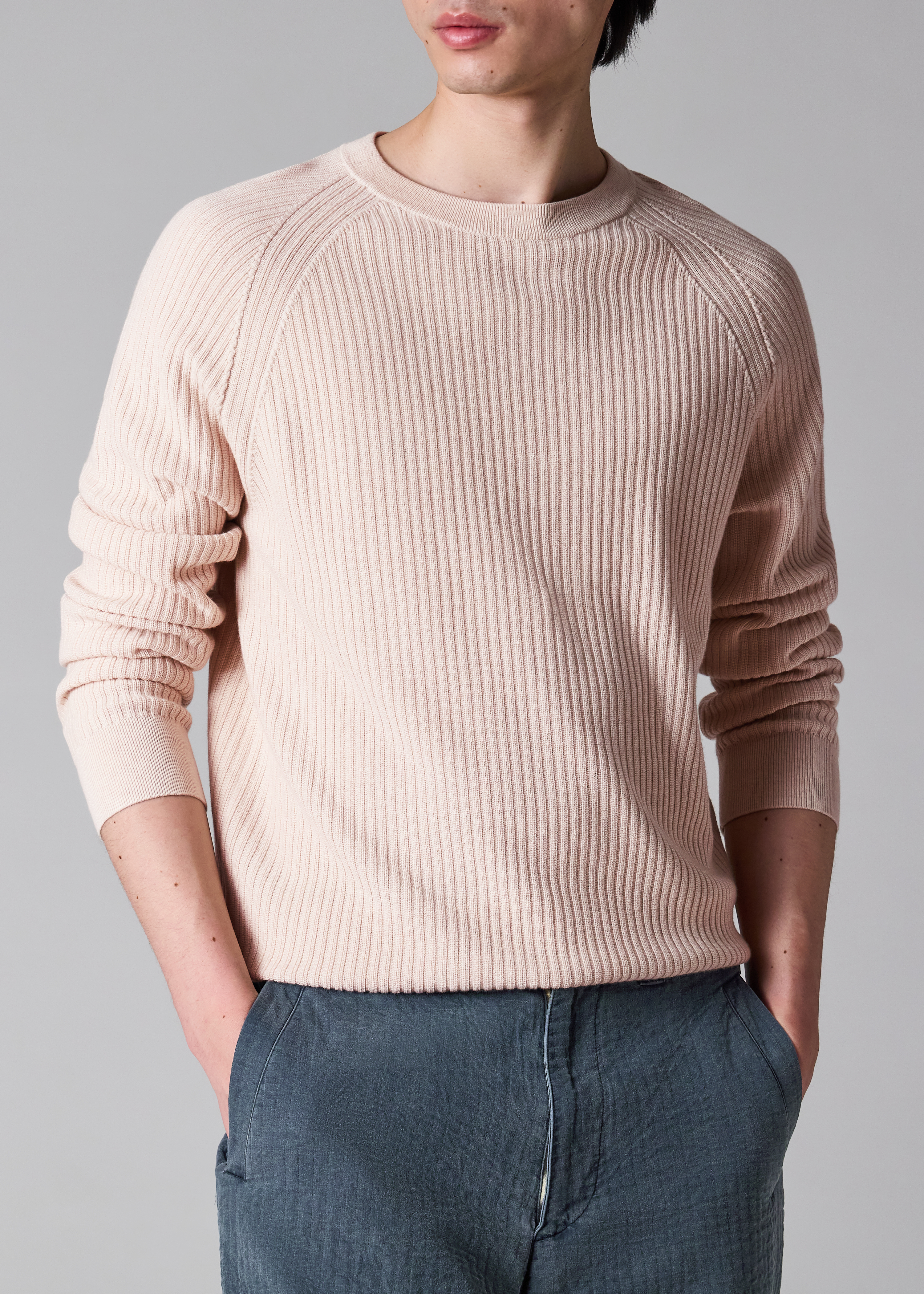 Cream Merino Wool-Cotton Blend Ribbed Sweater