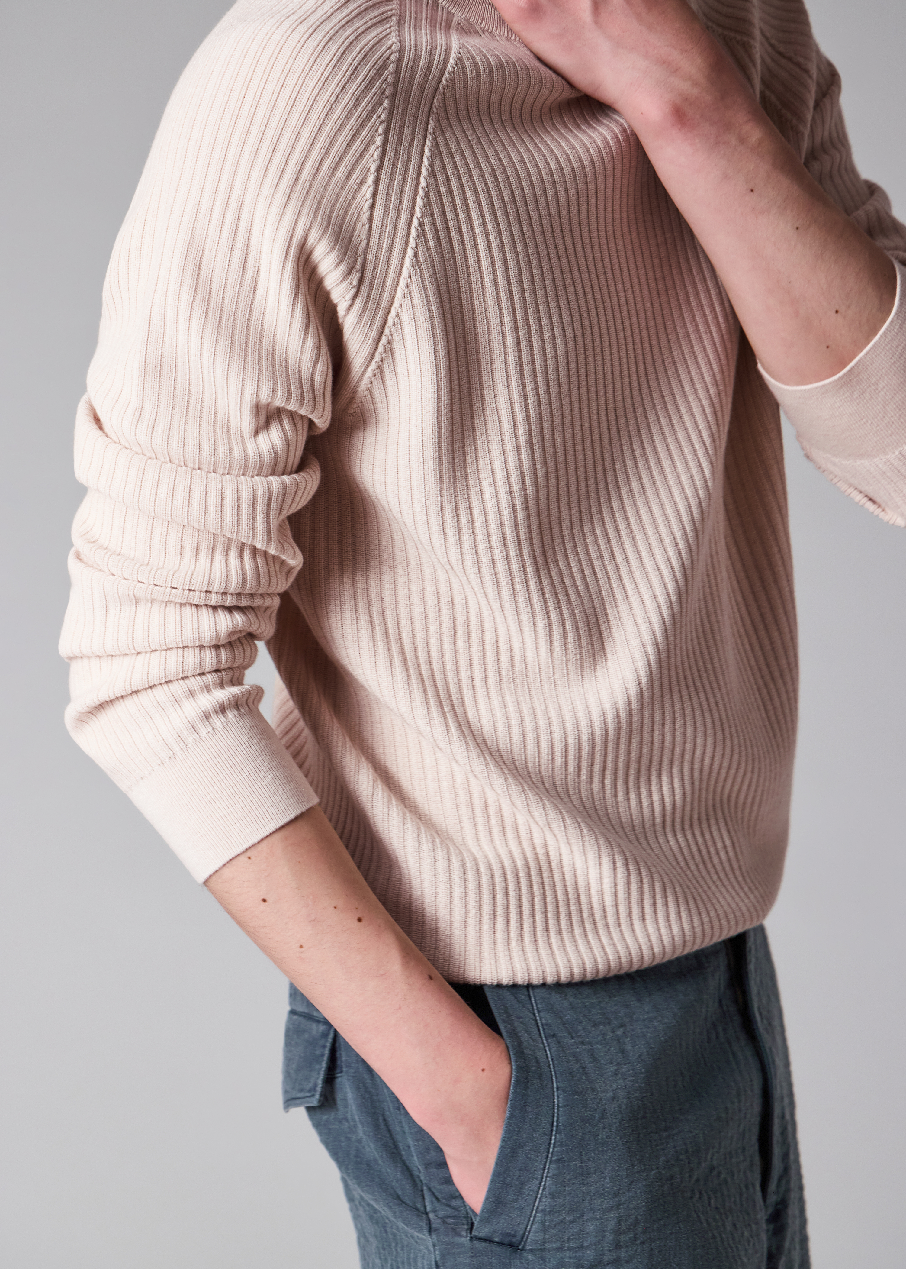 Cream Merino Wool-Cotton Blend Ribbed Sweater