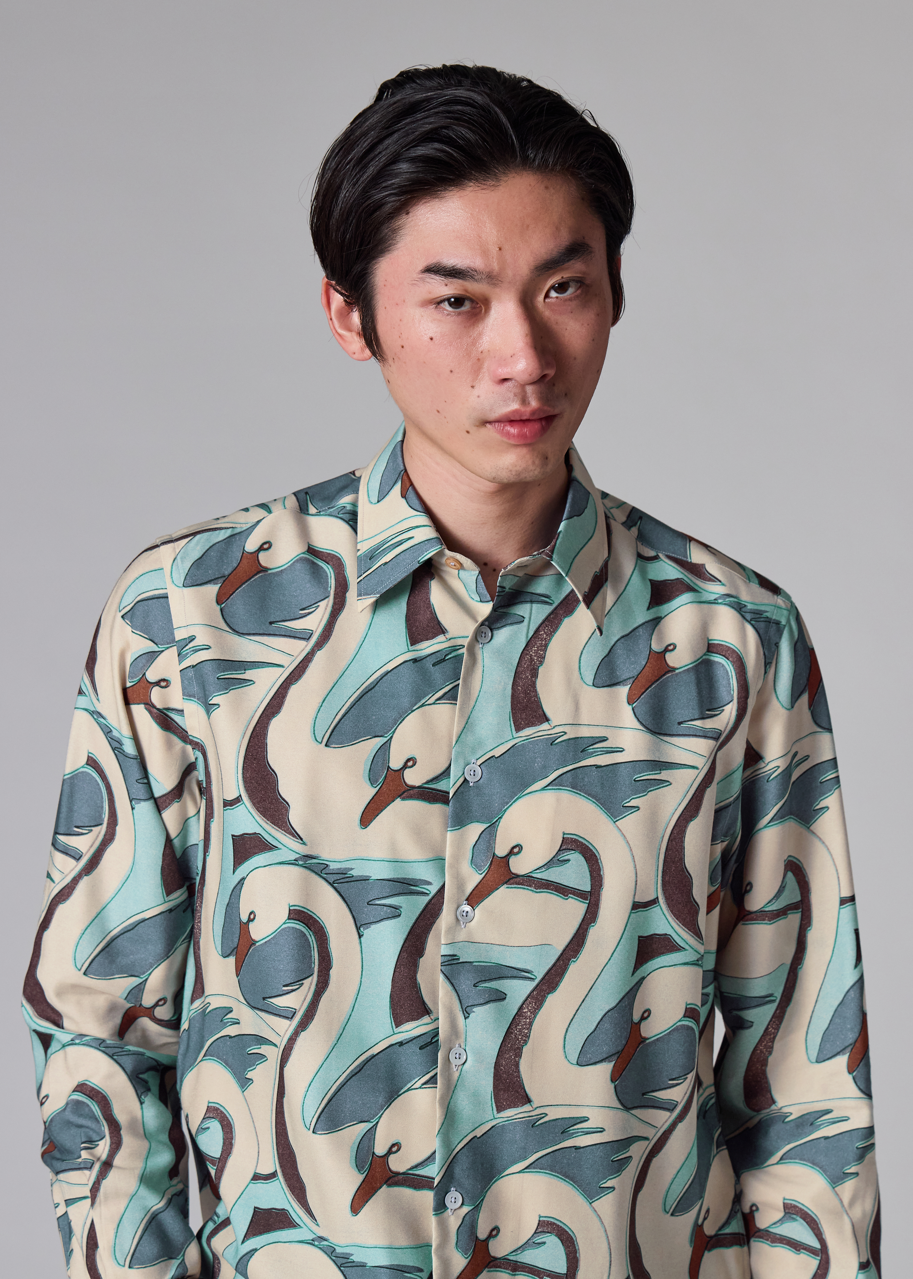 Blue 'Swan' Print Viscose-Blend Shirt