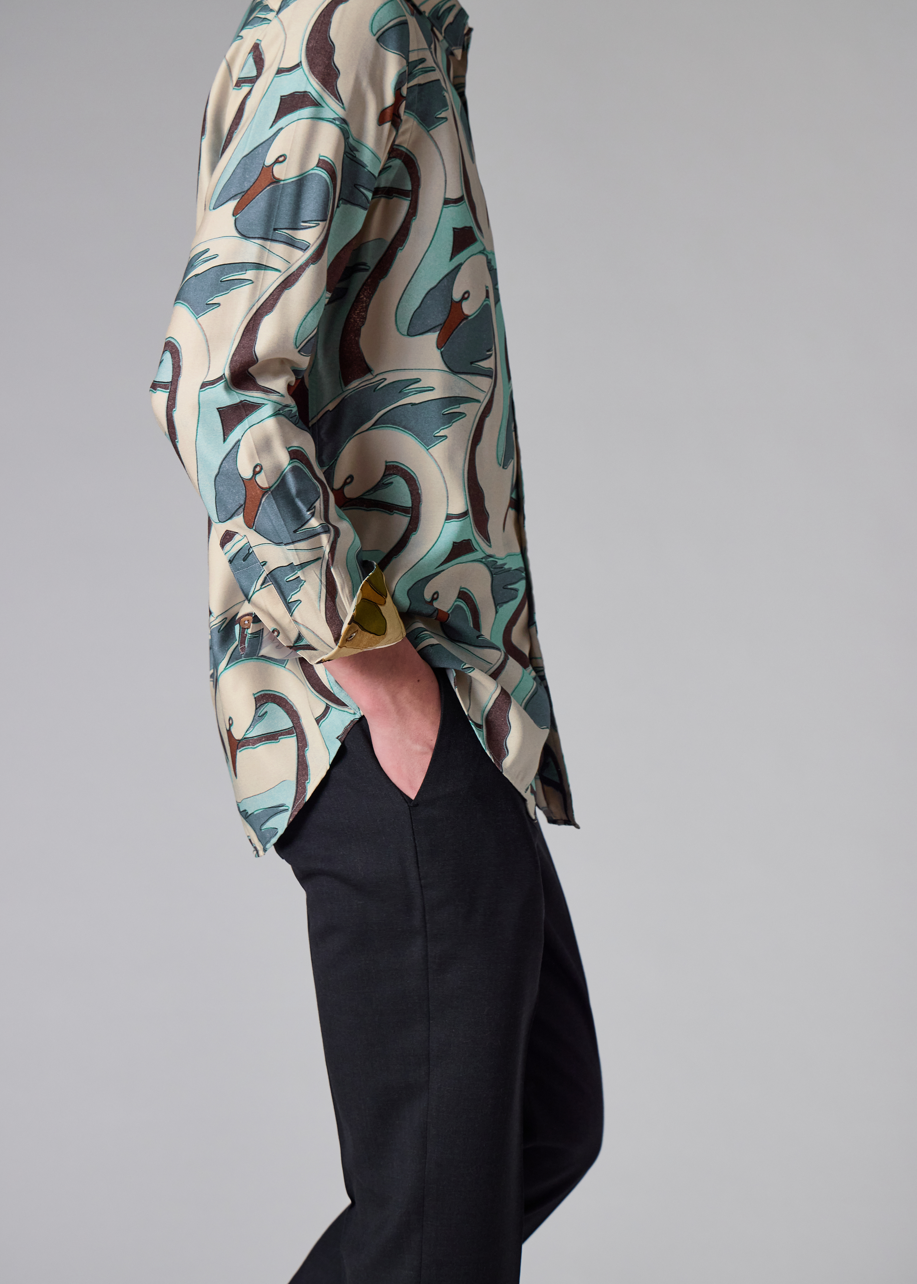 Blue 'Swan' Print Viscose-Blend Shirt