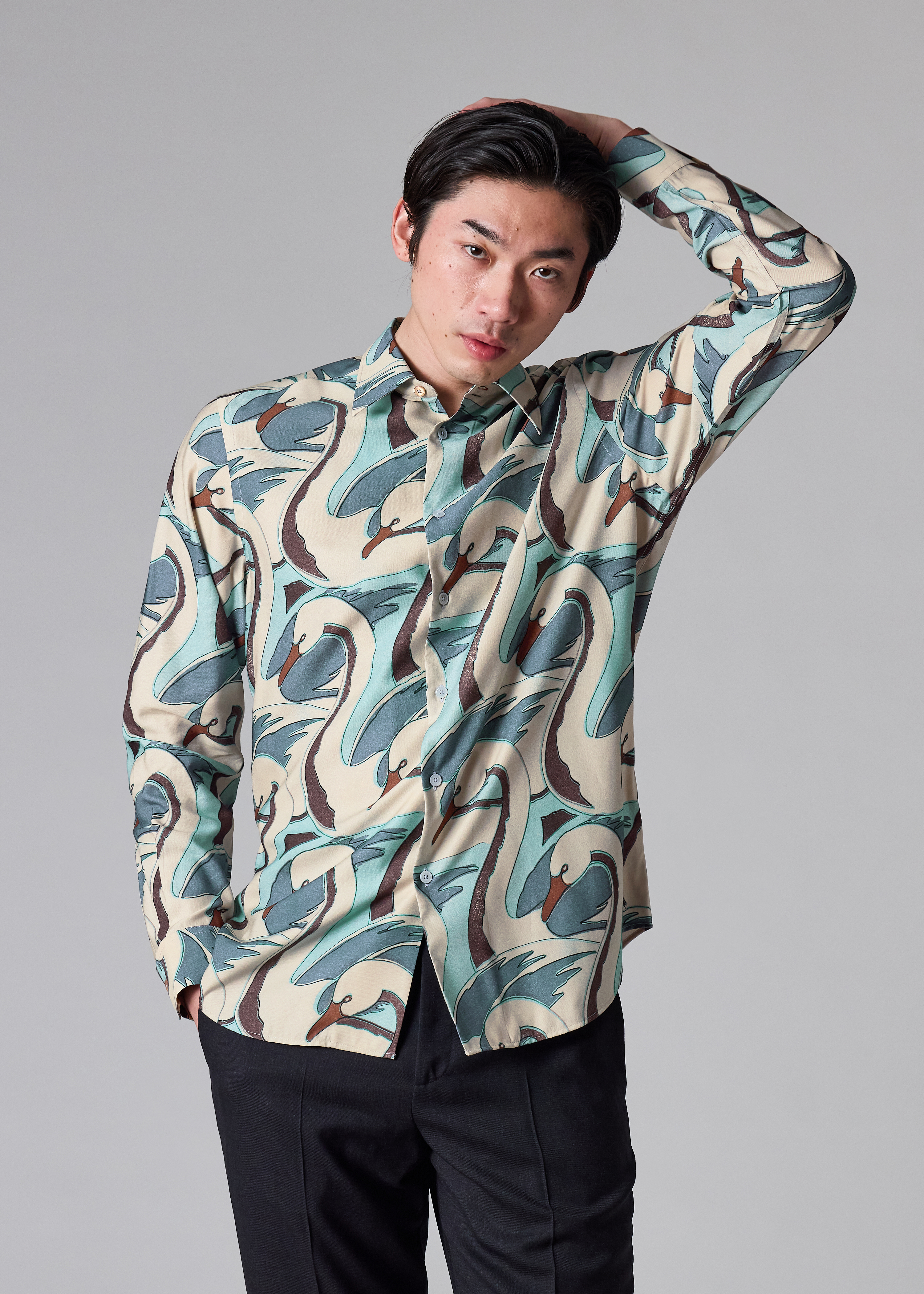Blue 'Swan' Print Viscose-Blend Shirt