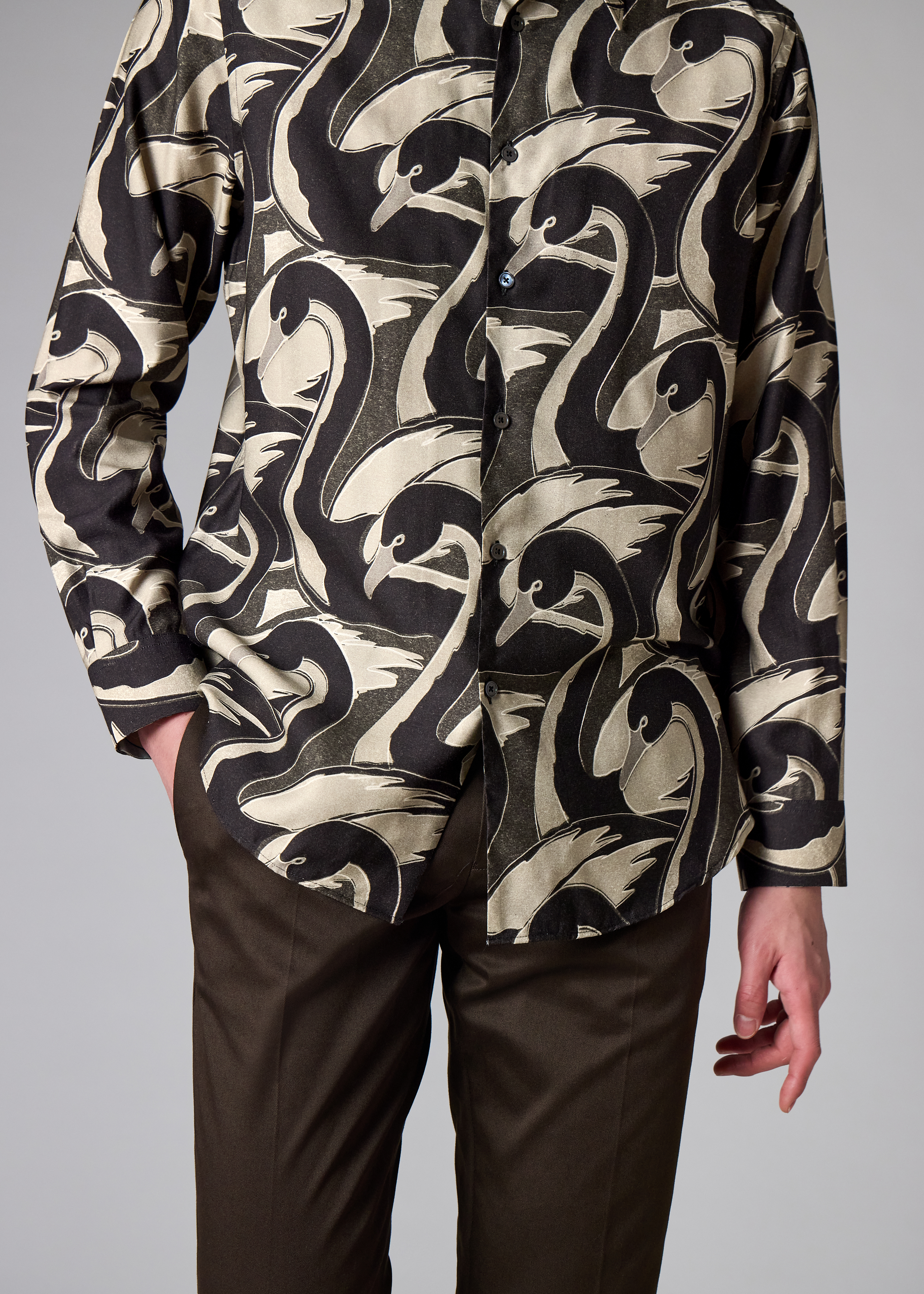 Black 'Swan' Print Viscose-Blend Shirt