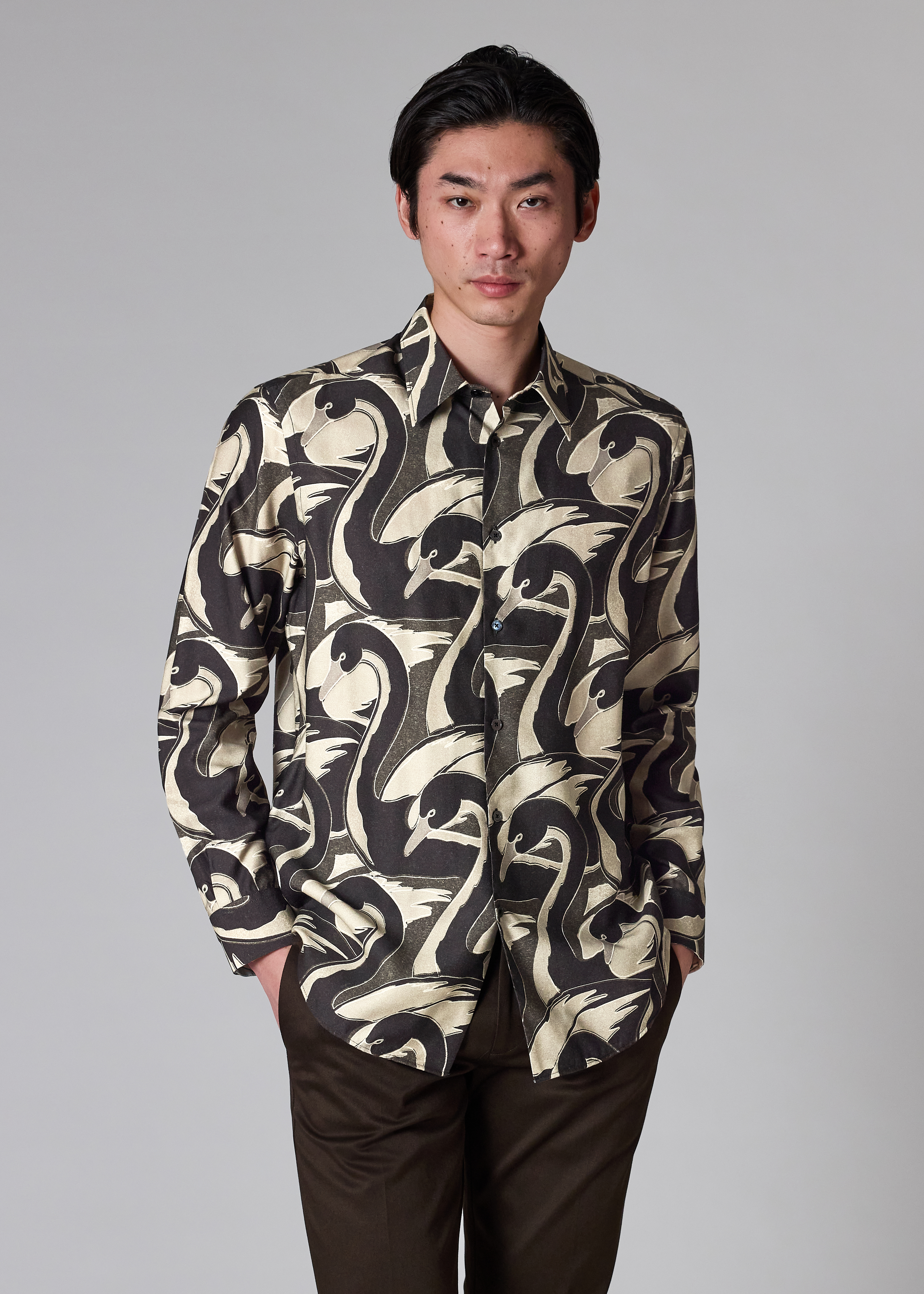 Black 'Swan' Print Viscose-Blend Shirt