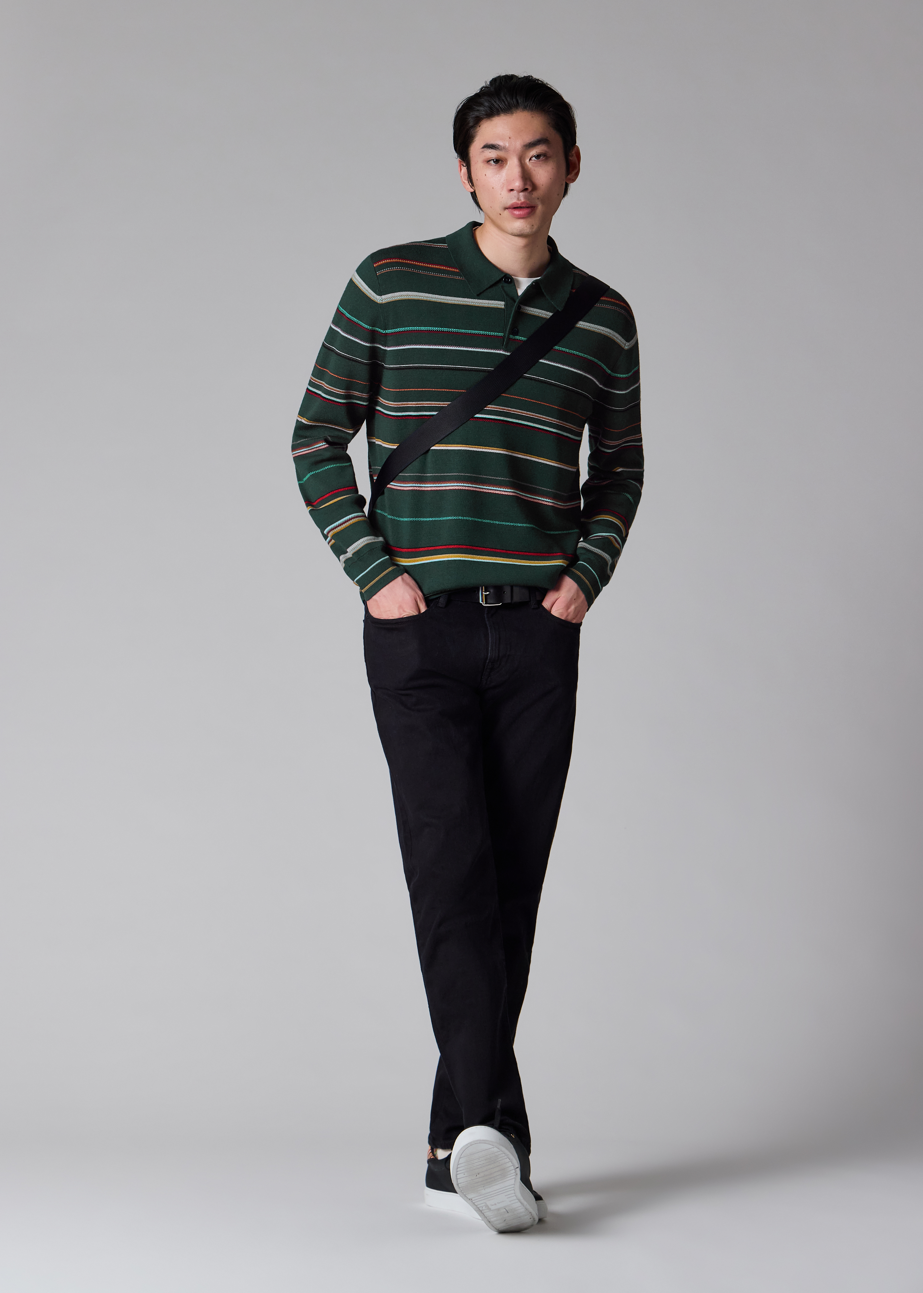 Dark Green 'Signature Stripe' Merino Wool Polo Shirt