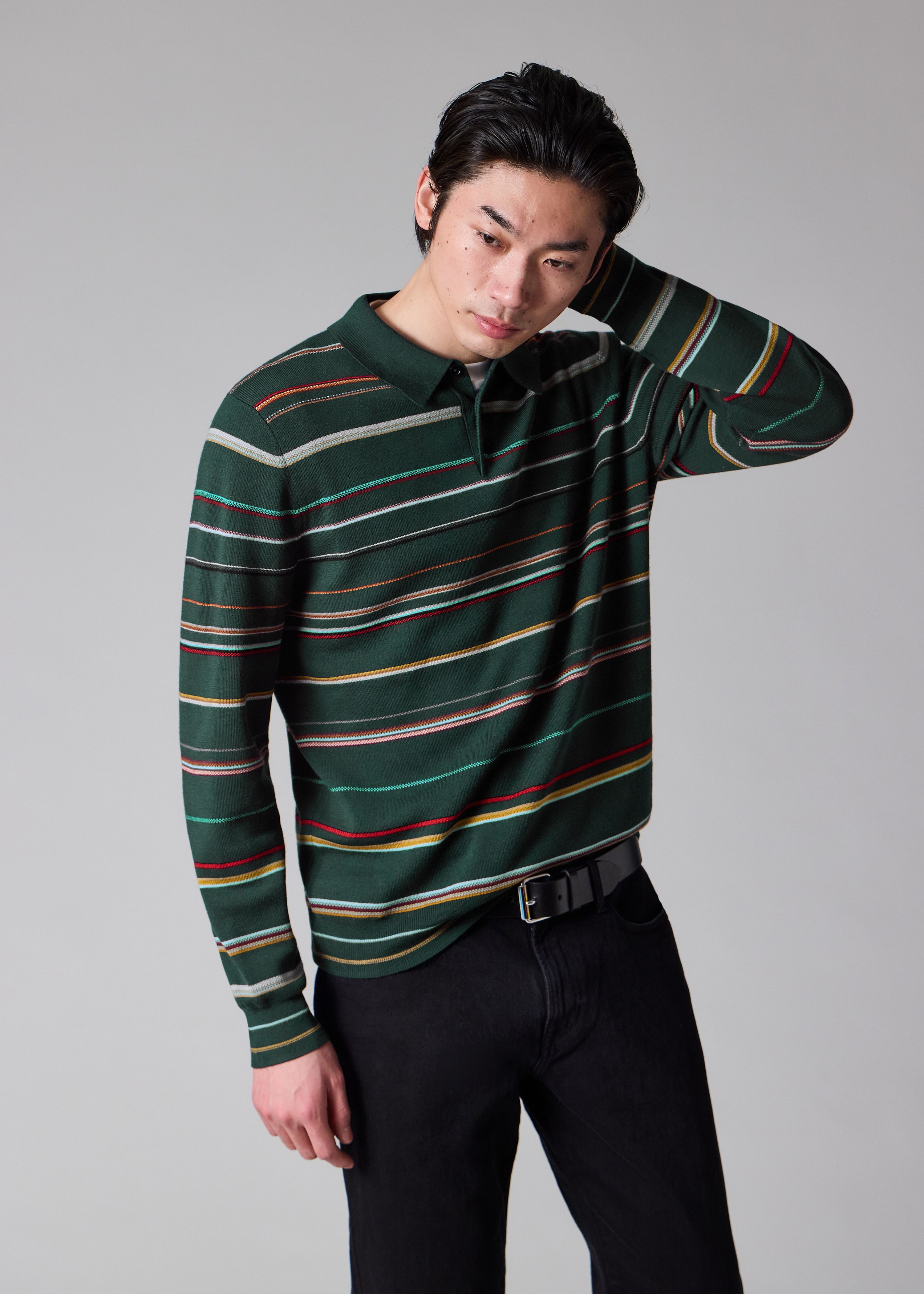 Dark Green 'Signature Stripe' Merino Wool Polo Shirt