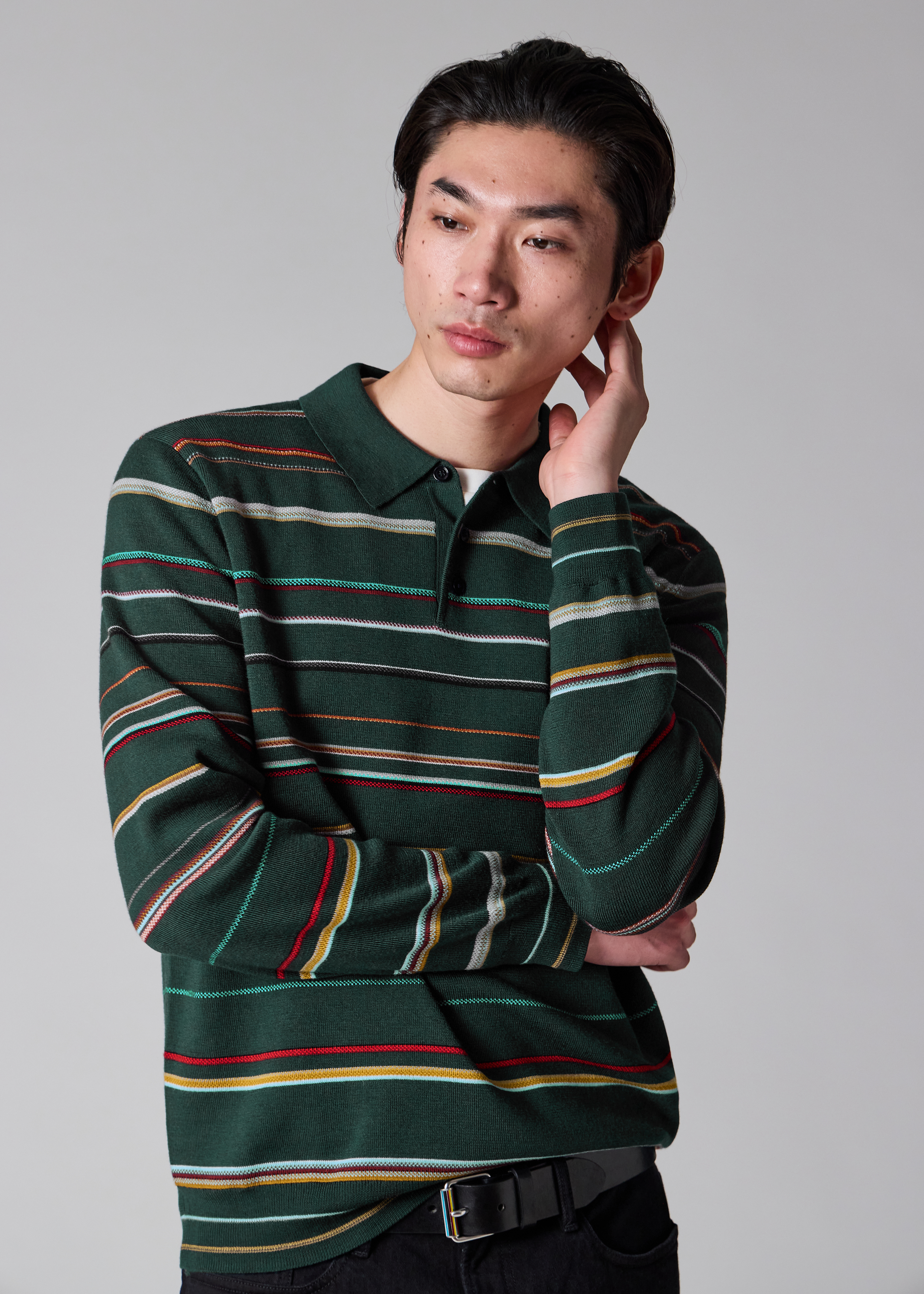 Dark Green 'Signature Stripe' Merino Wool Polo Shirt