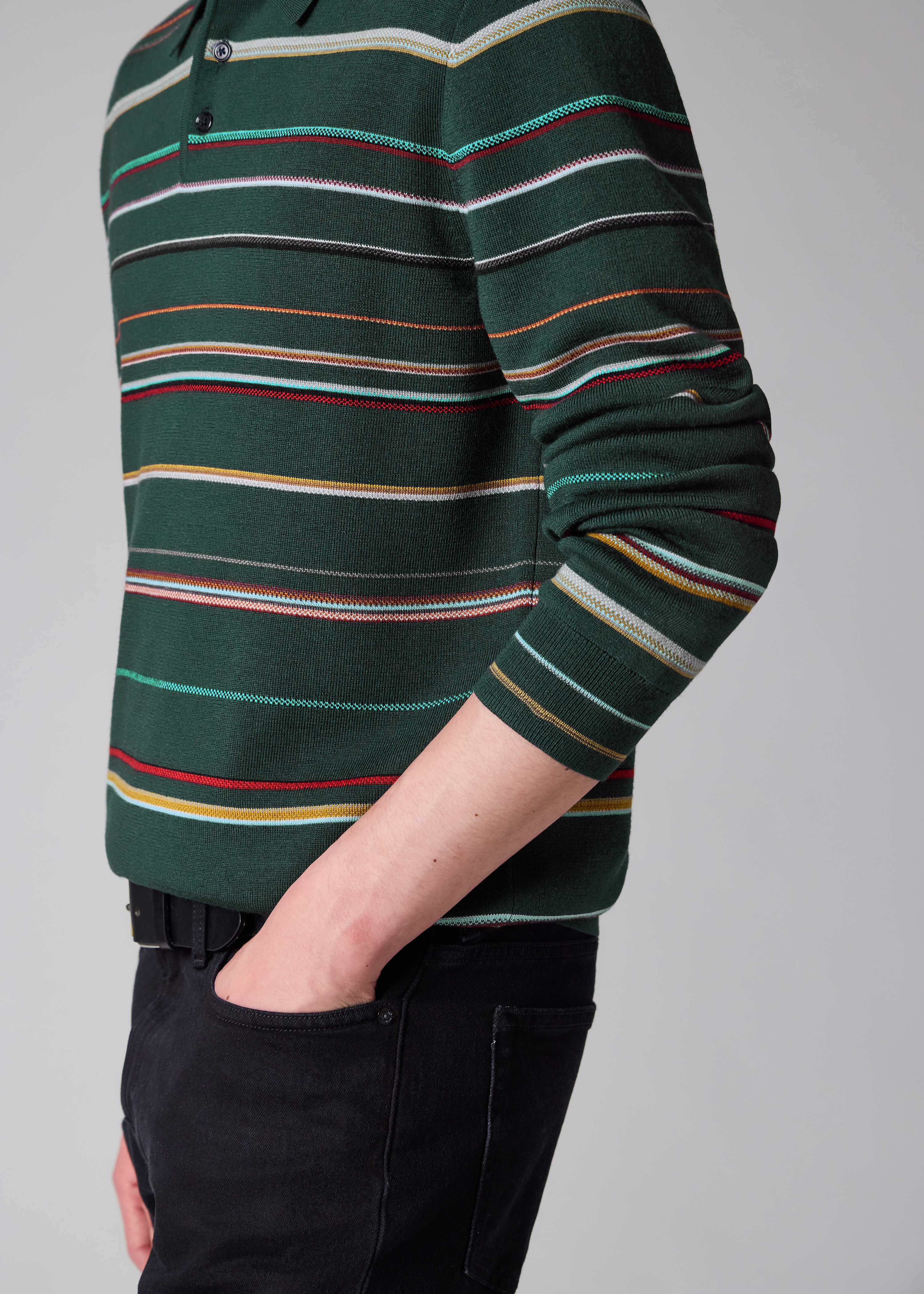Dark Green 'Signature Stripe' Merino Wool Polo Shirt