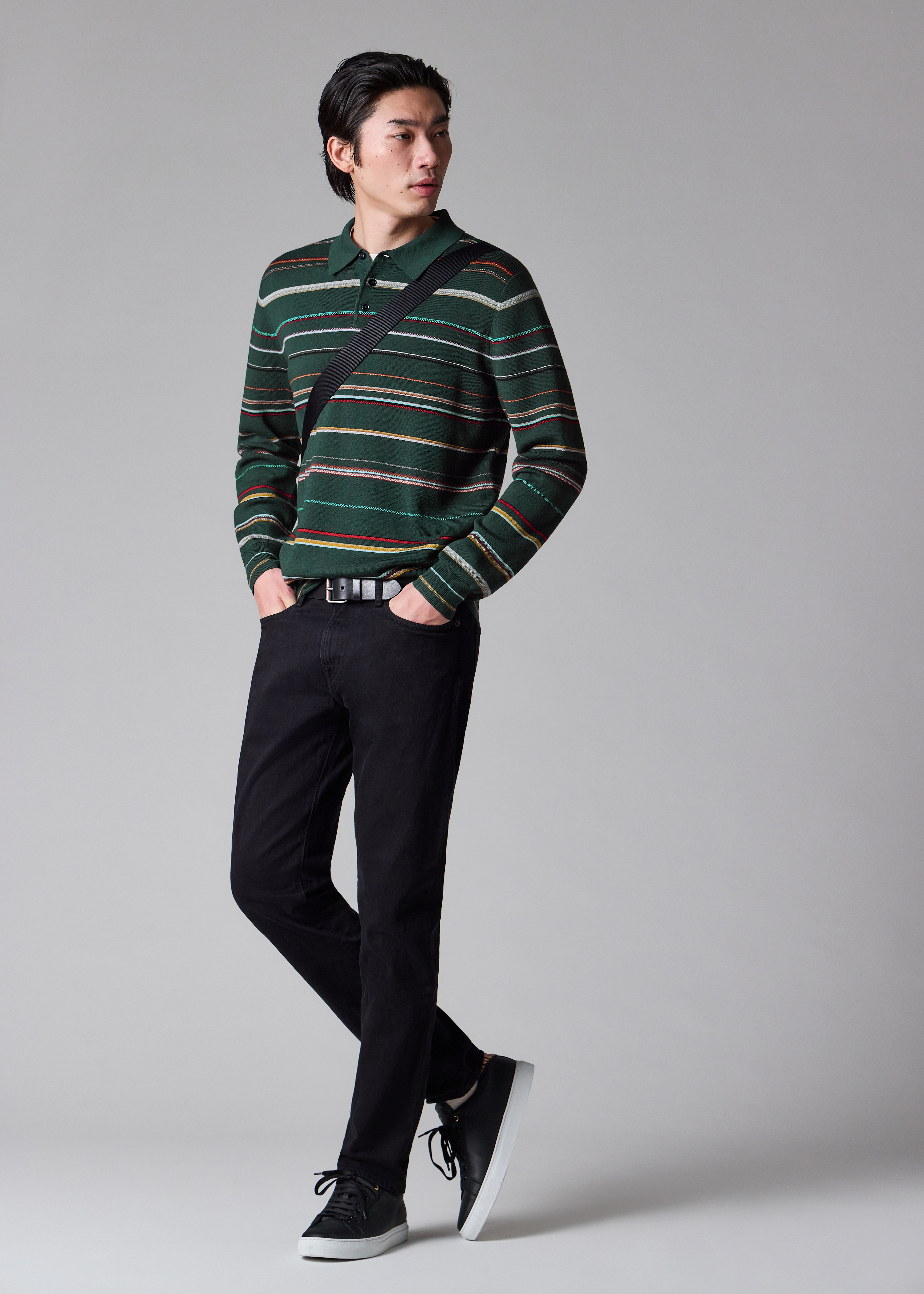 Dark Green 'Signature Stripe' Merino Wool Polo Shirt