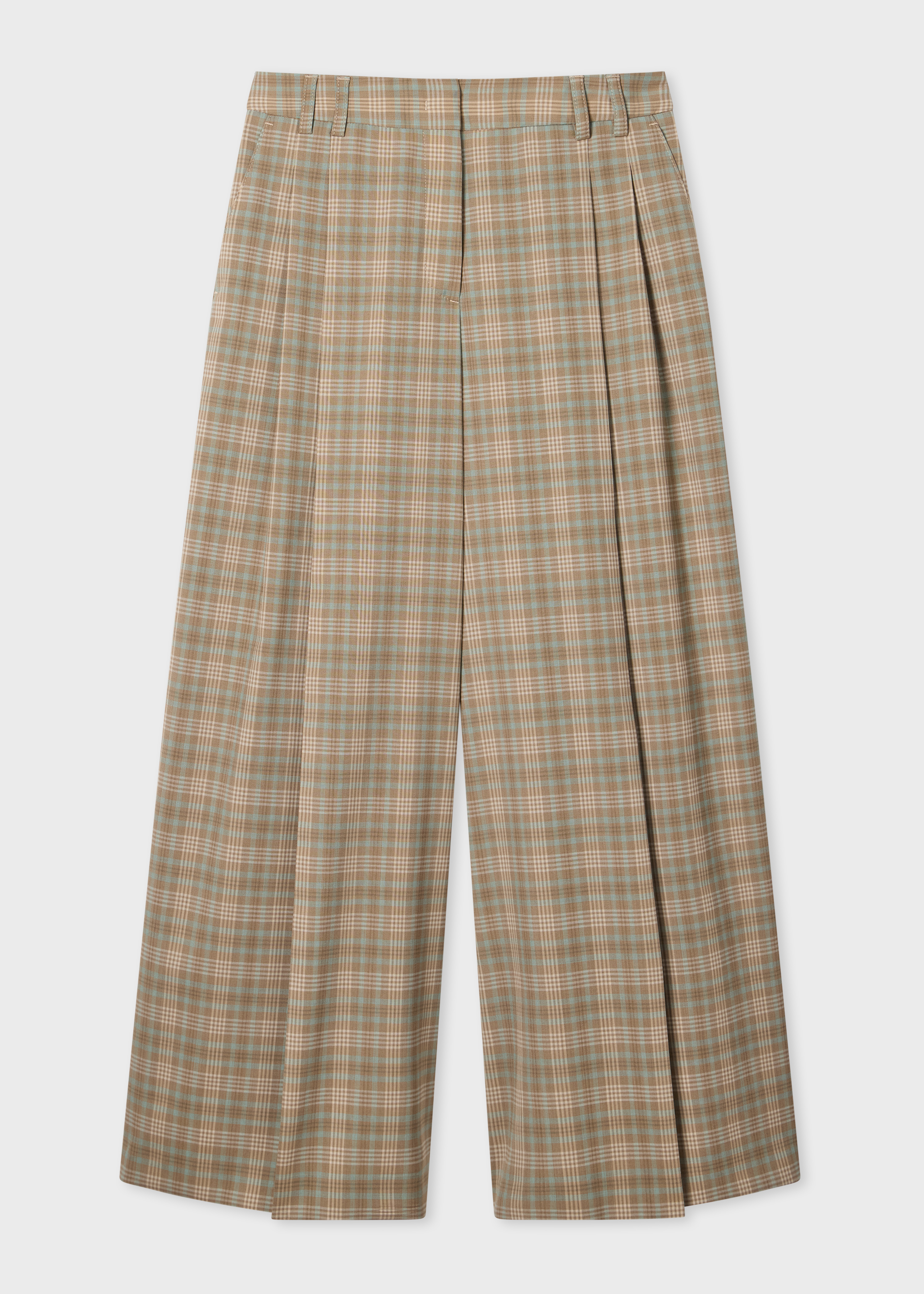 Women's Cream and Blue Check Wide-Leg Culotte Cropped Trousers