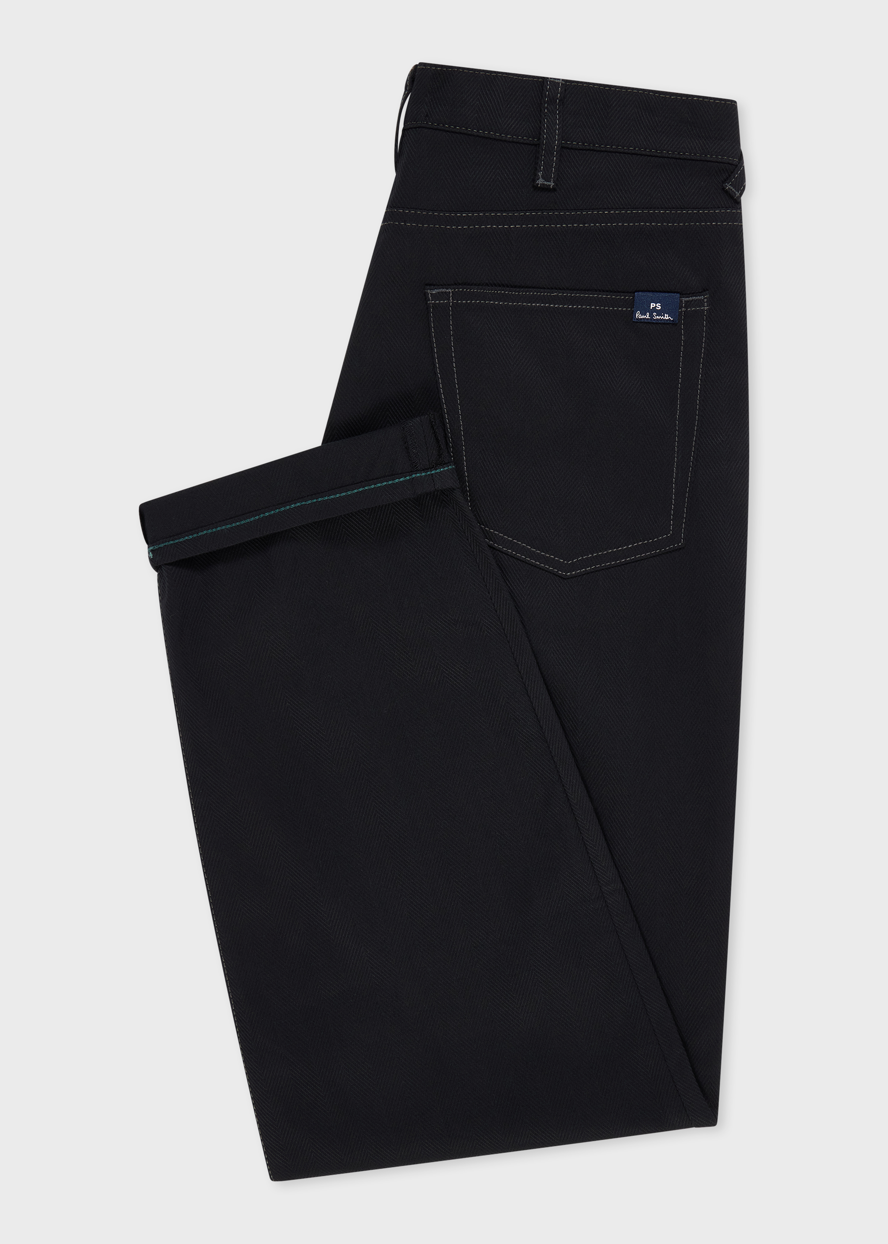 Black Herringbone-Twill Stretch Cotton Pleat-Front Jeans