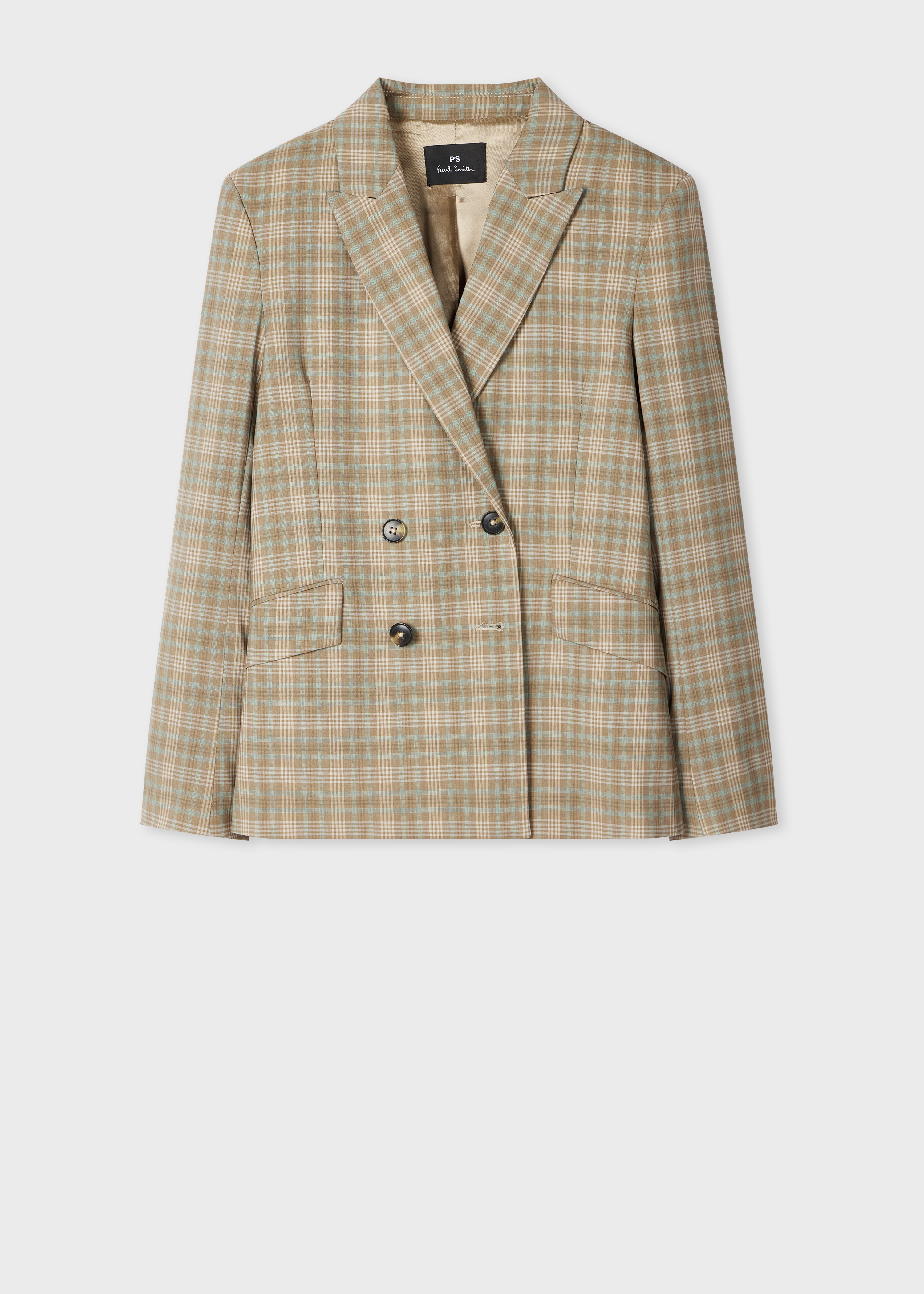 Women's Cream and Blue Check Double-Breasted Blazer