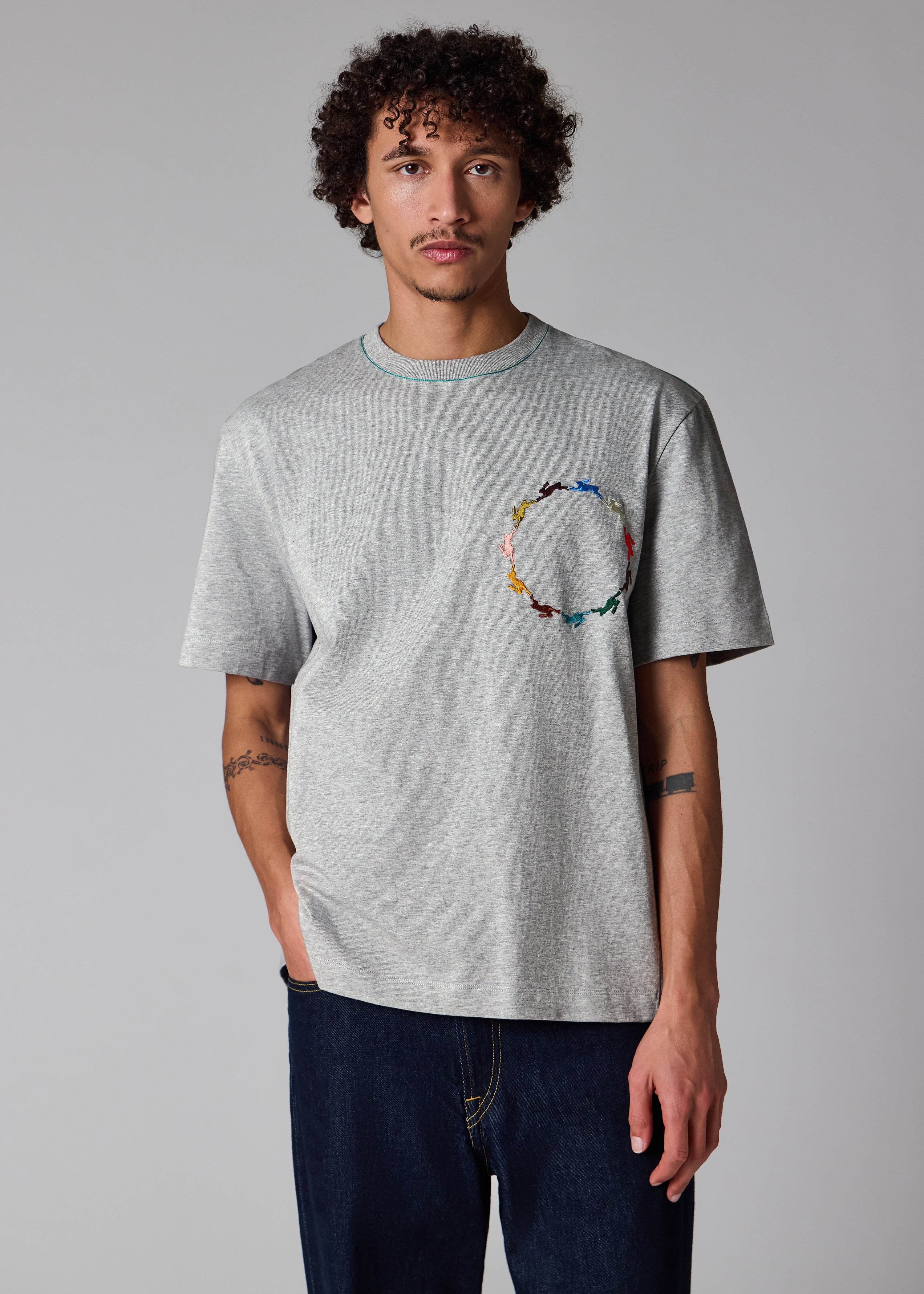 Grey T-Shirt with Multicolour Rabbit Embroidery