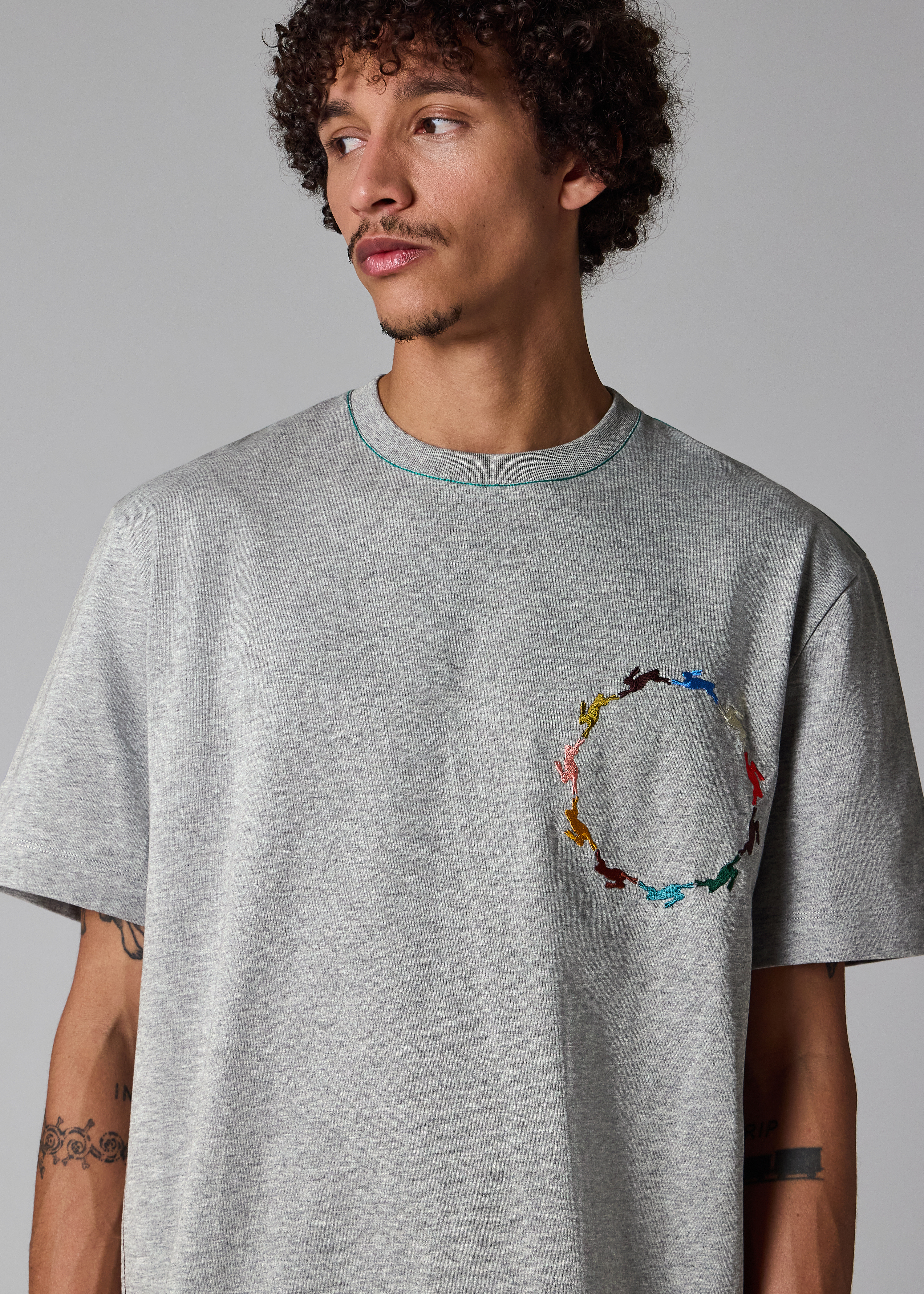 Grey T-Shirt with Multicolour Rabbit Embroidery