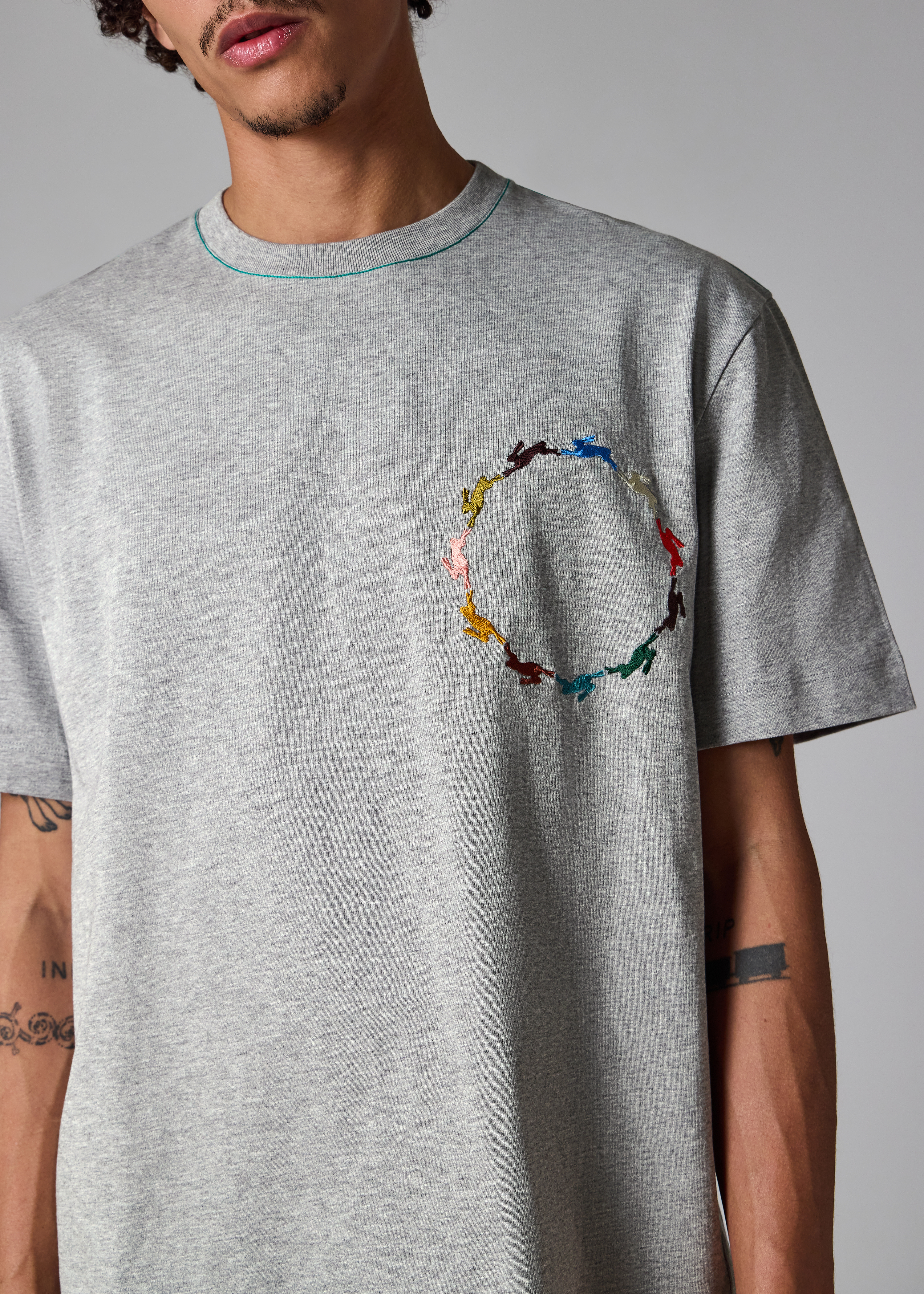 Grey T-Shirt with Multicolour Rabbit Embroidery