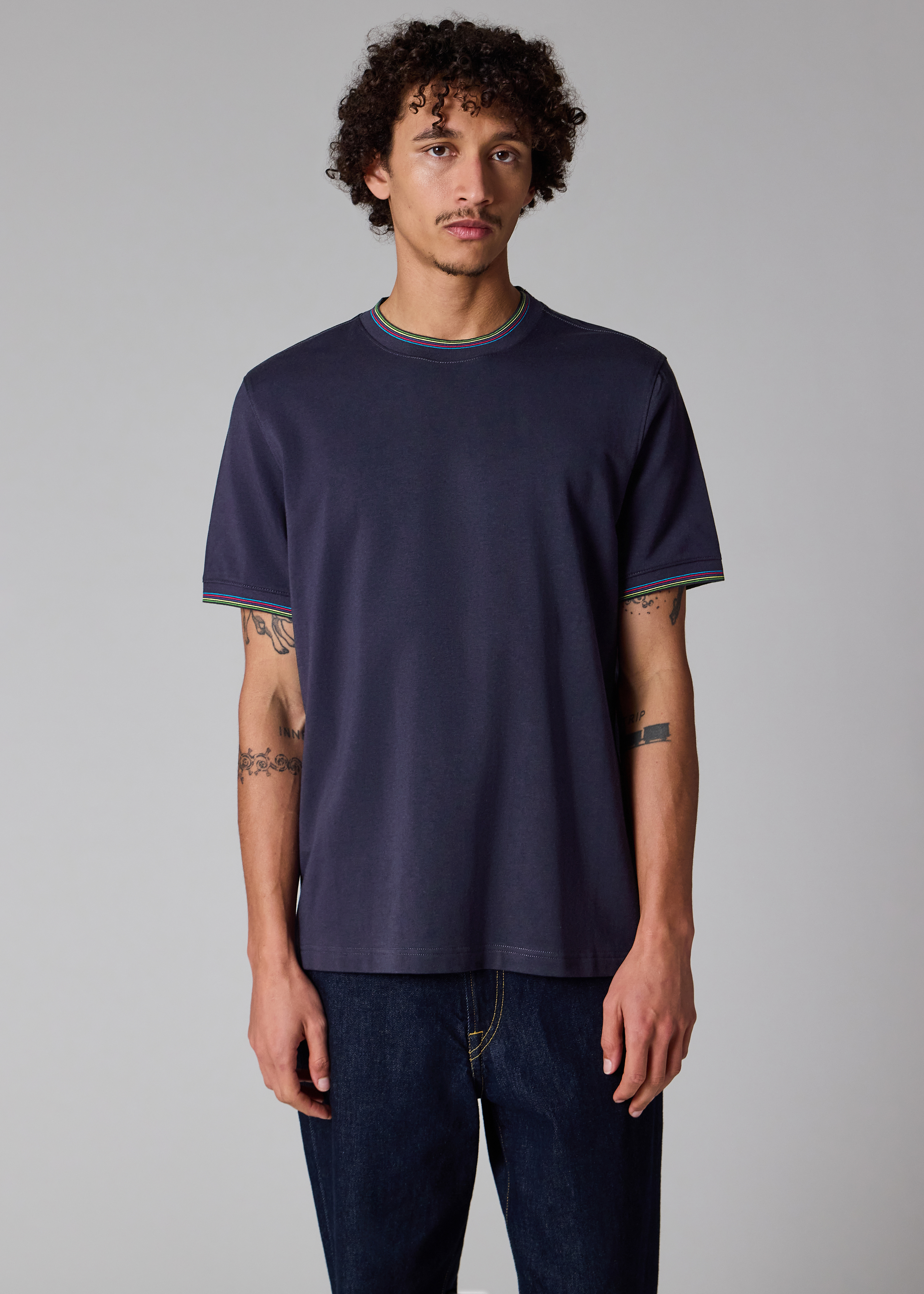 Navy Cotton-Blend T-Shirt with 'Sports Stripe' Tipping
