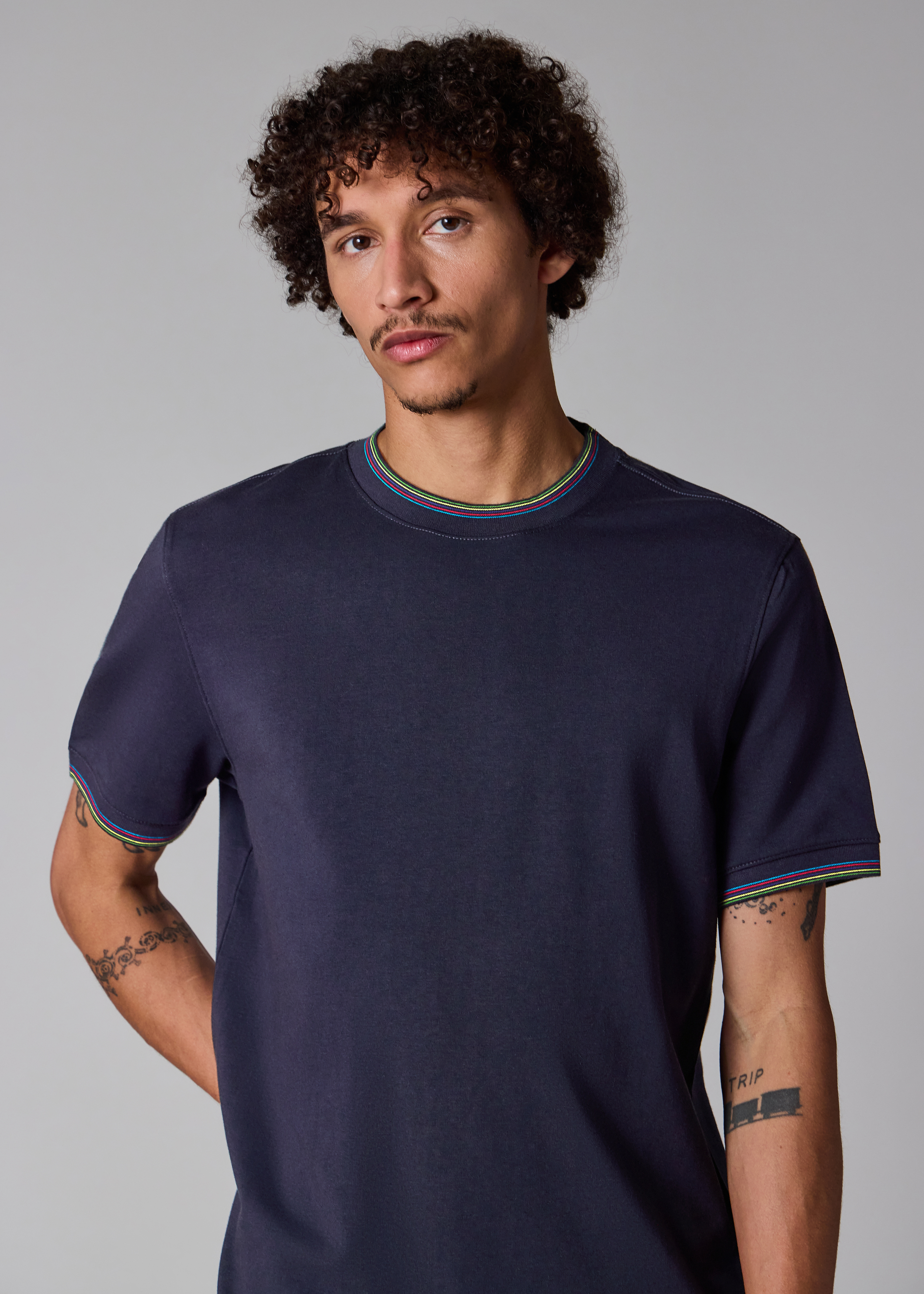 Navy Cotton-Blend T-Shirt with 'Sports Stripe' Tipping