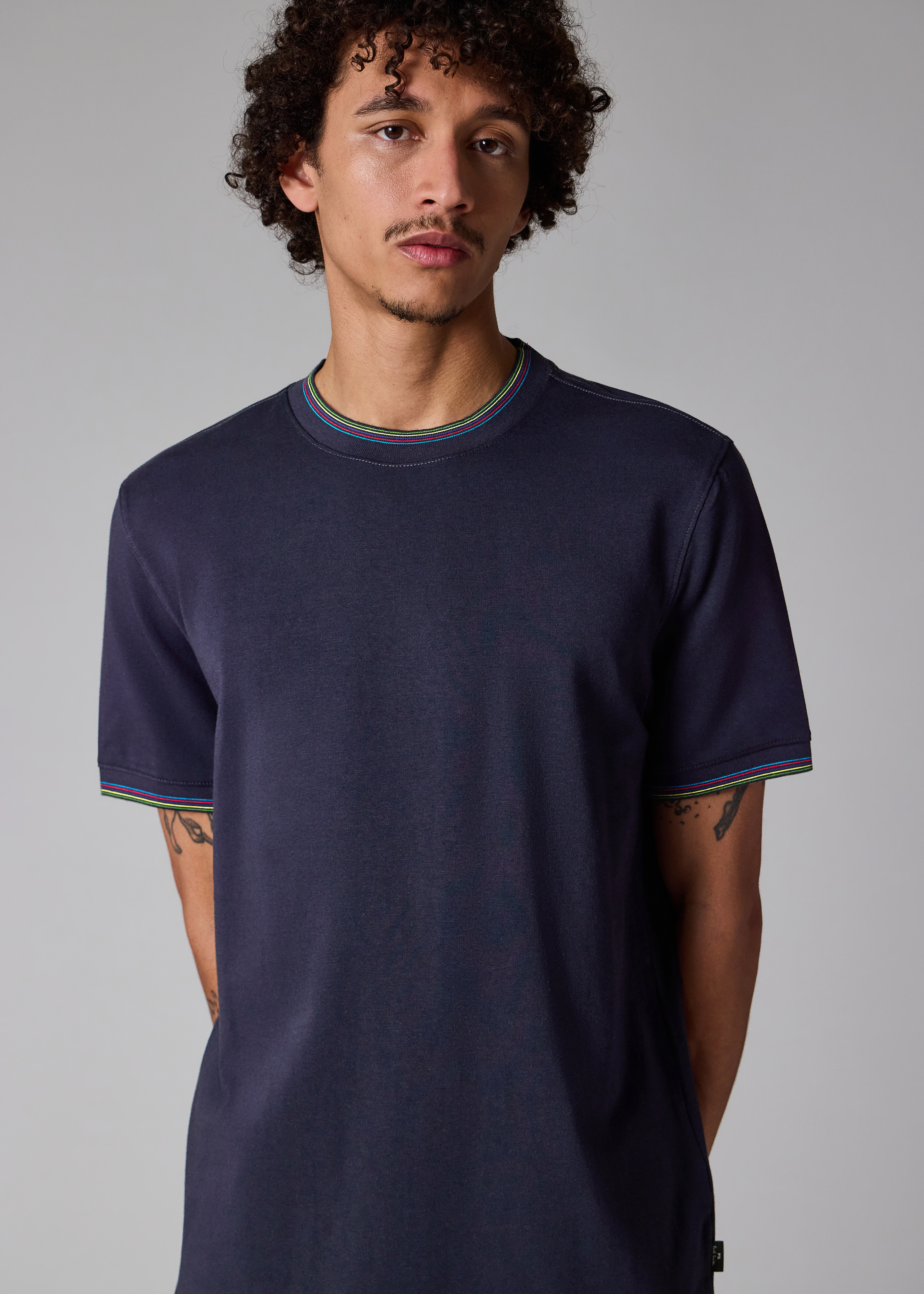 Navy Cotton-Blend T-Shirt with 'Sports Stripe' Tipping