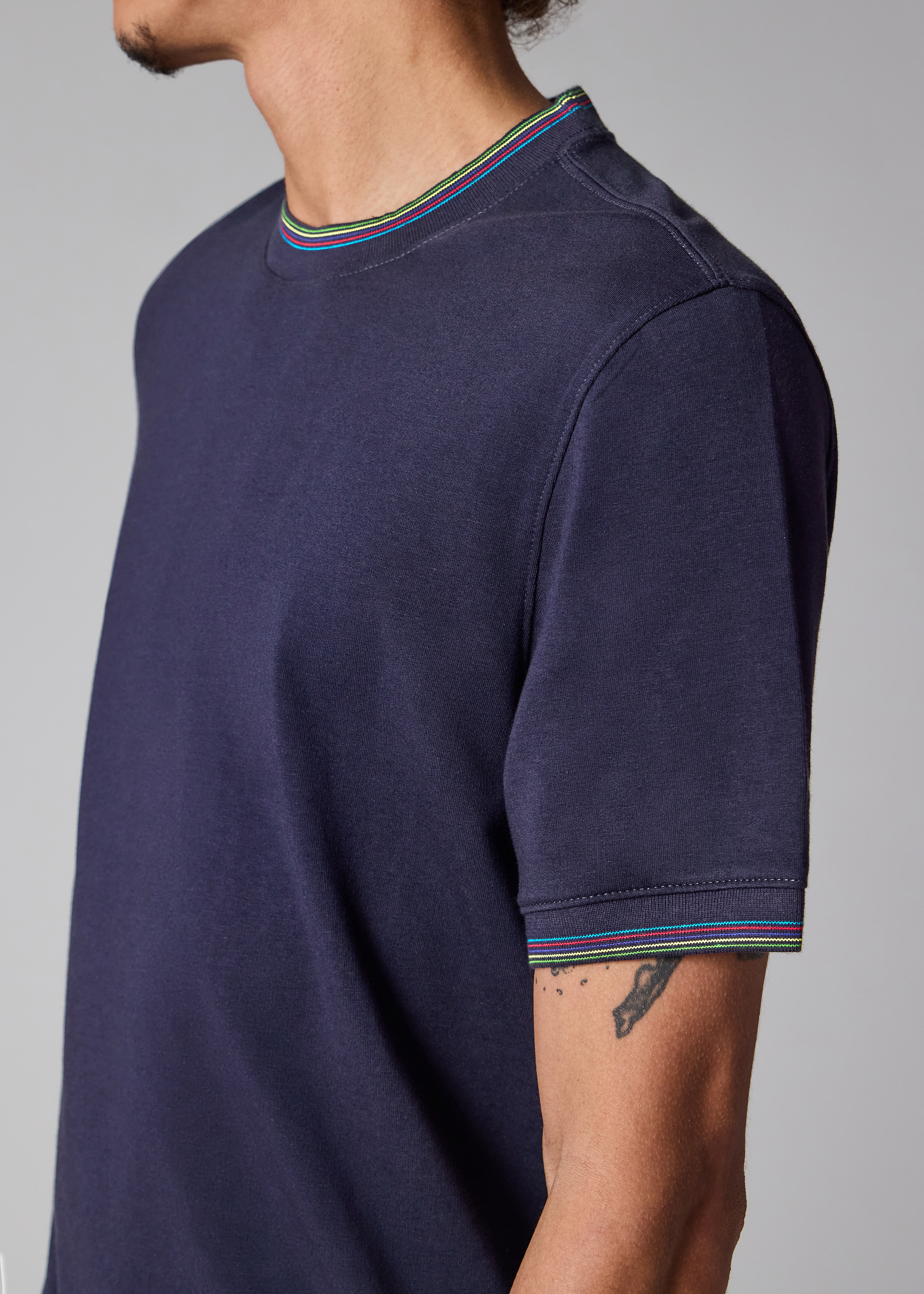 Navy Cotton-Blend T-Shirt with 'Sports Stripe' Tipping