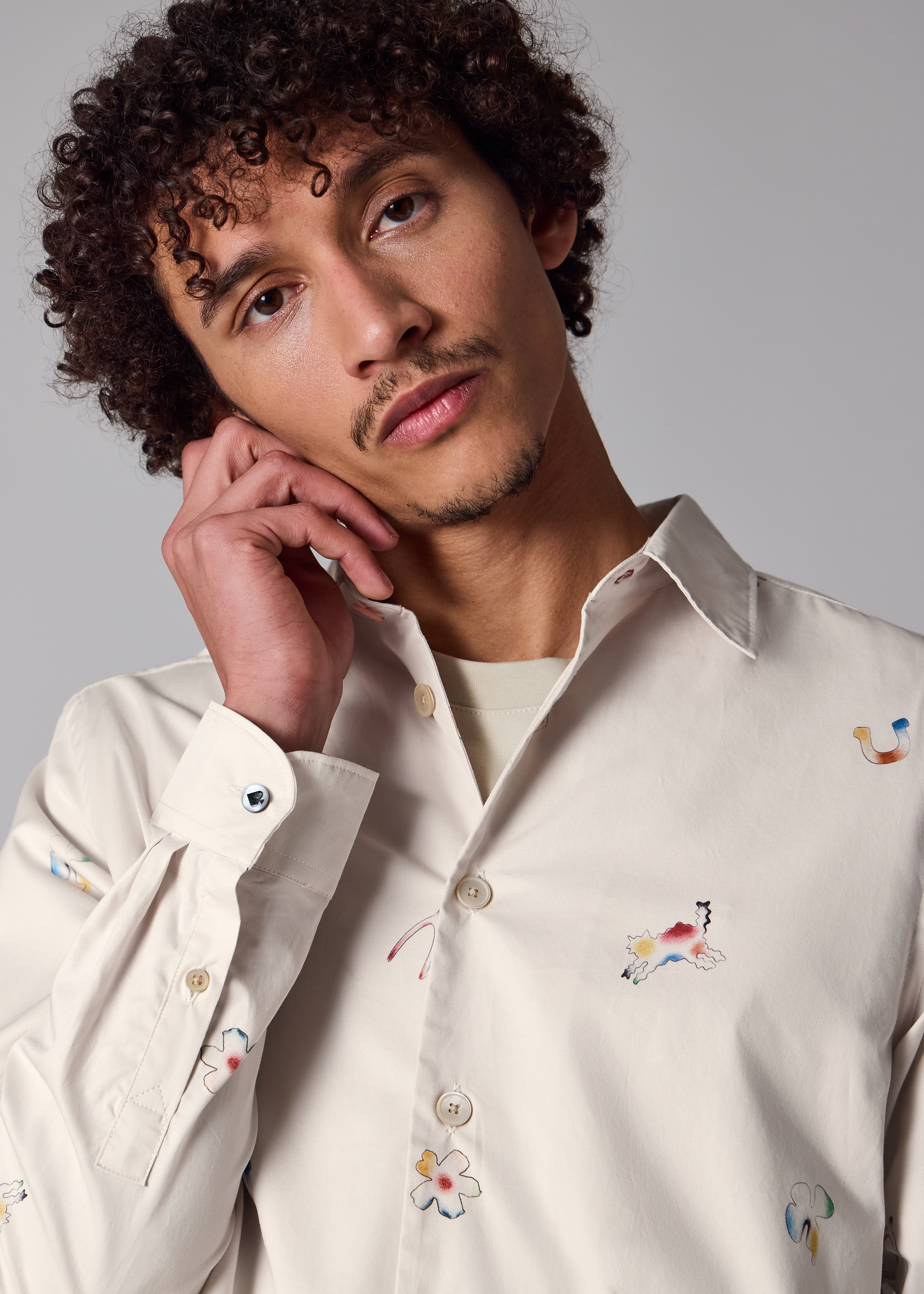 Ecru Cotton 'Lucky Charm' Print Shirt
