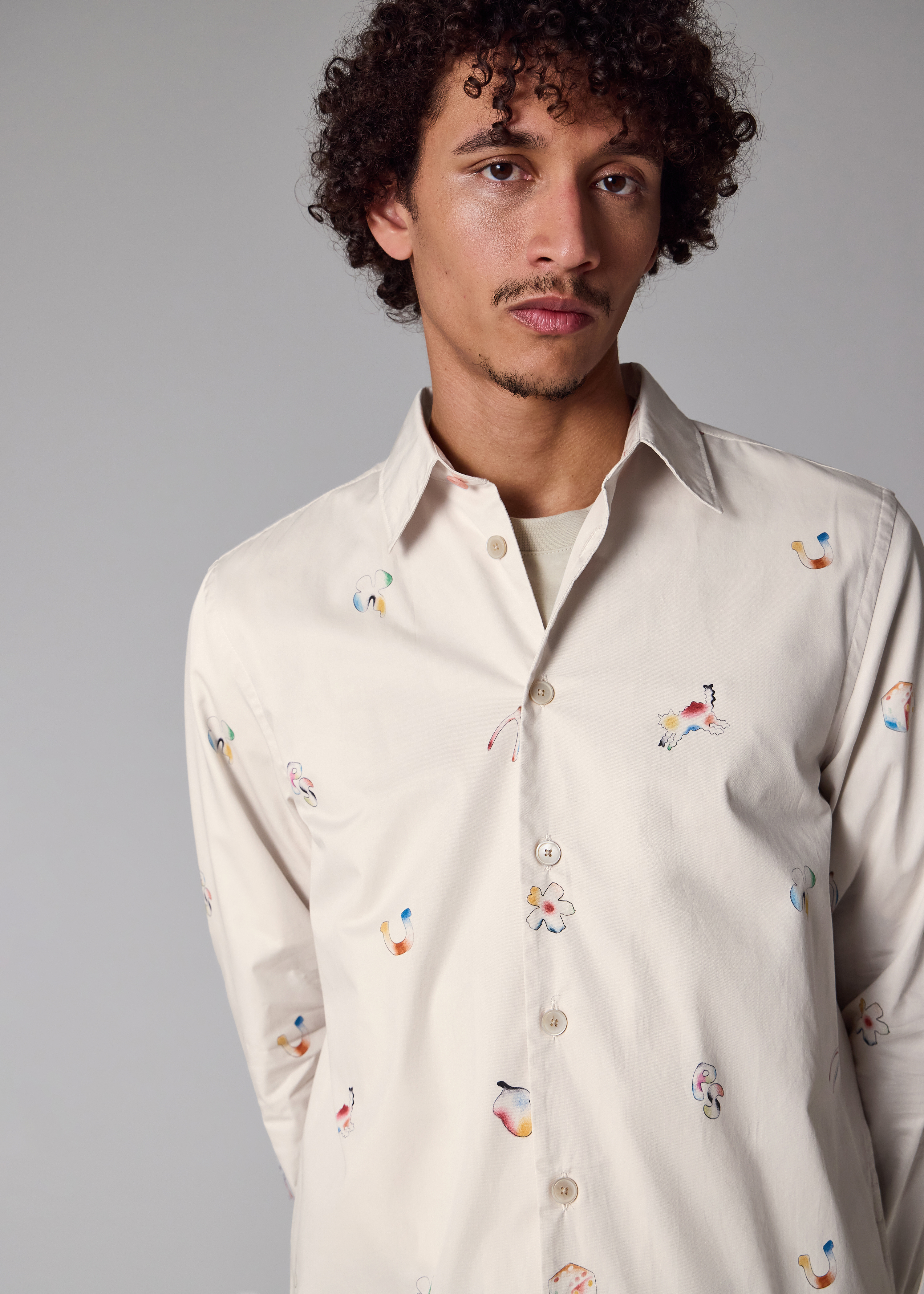 Ecru Cotton 'Lucky Charm' Print Shirt