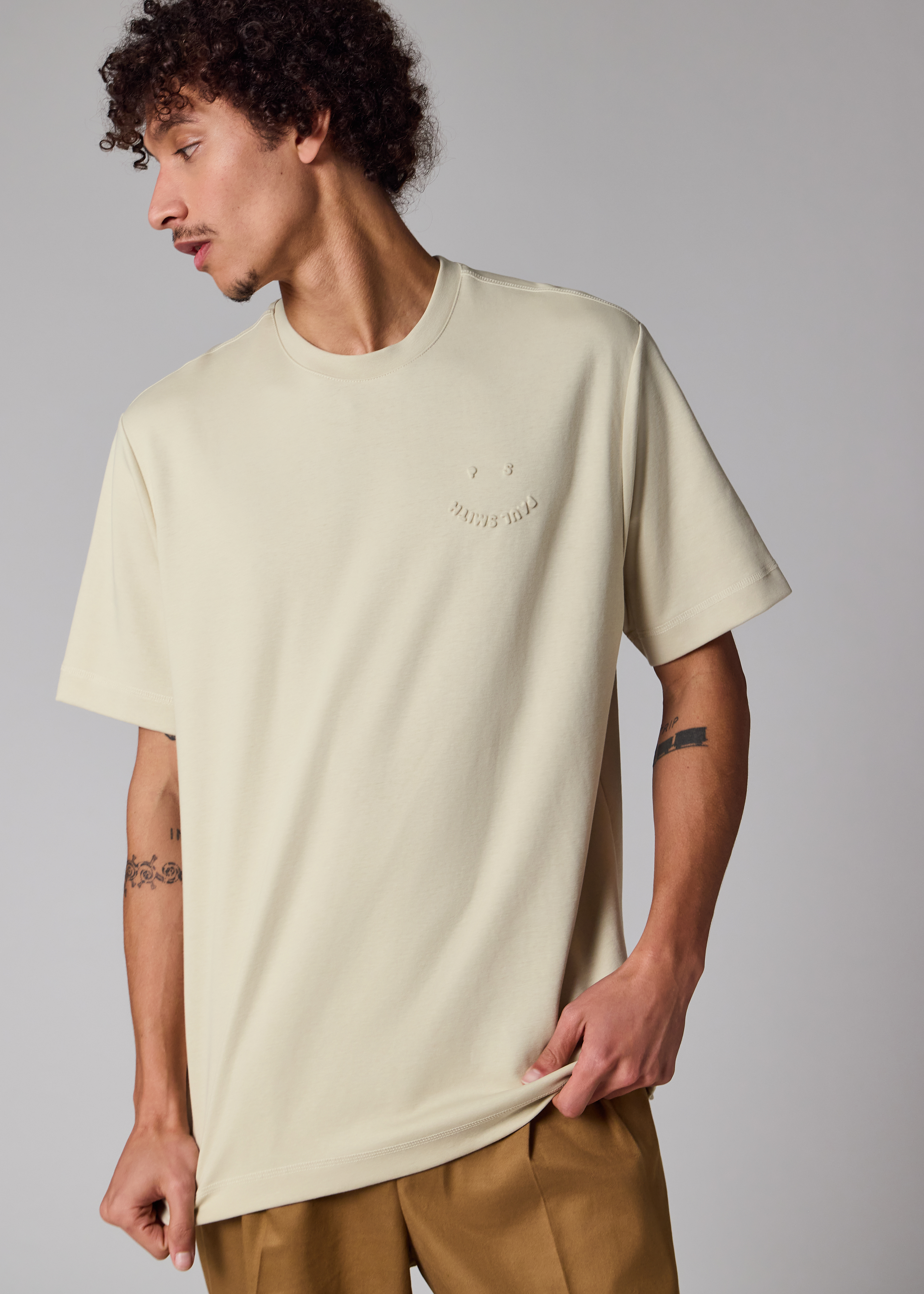 Casual-Fit Ecru Embossed 'Happy' T-Shirt