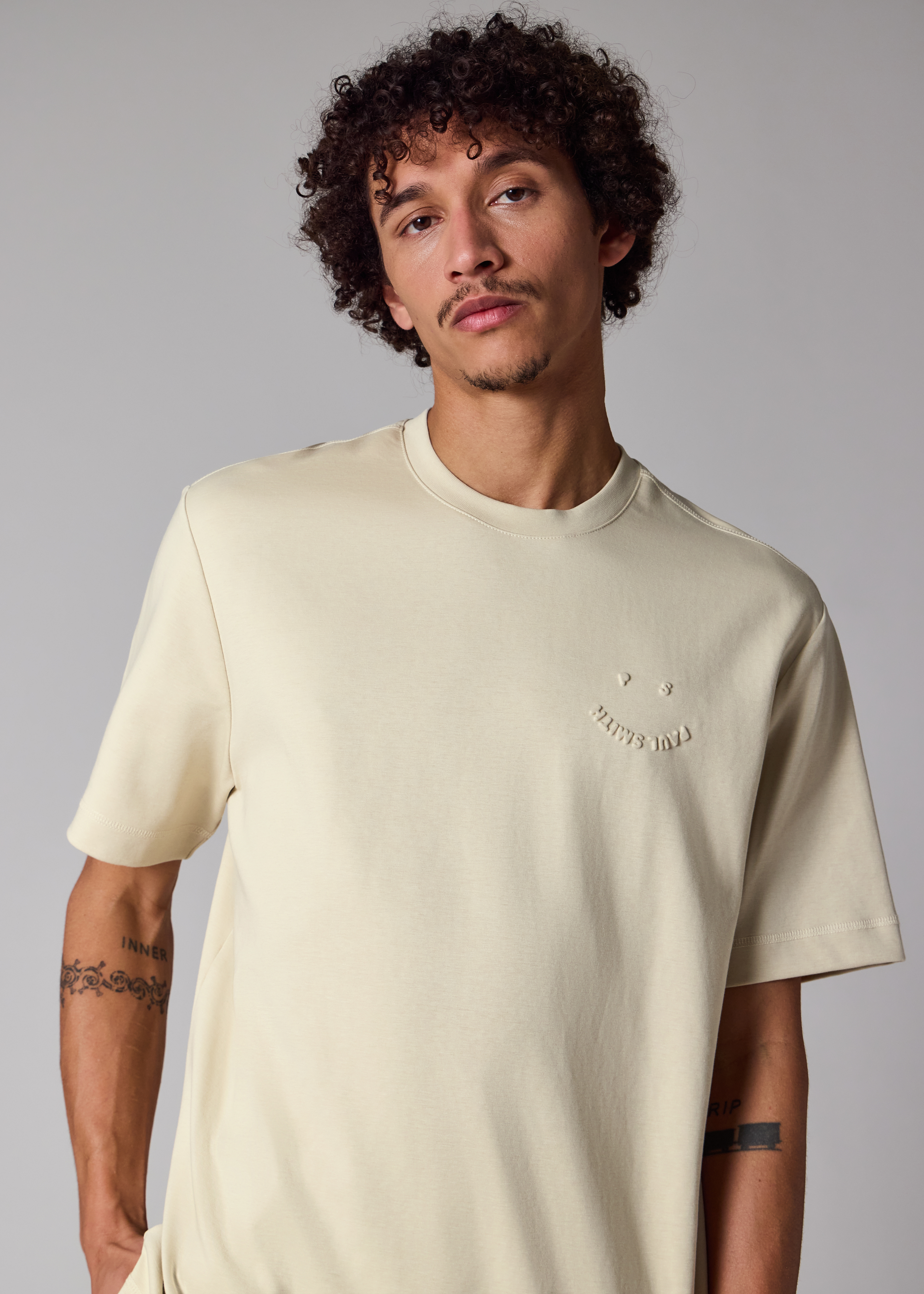 Casual-Fit Ecru Embossed 'Happy' T-Shirt
