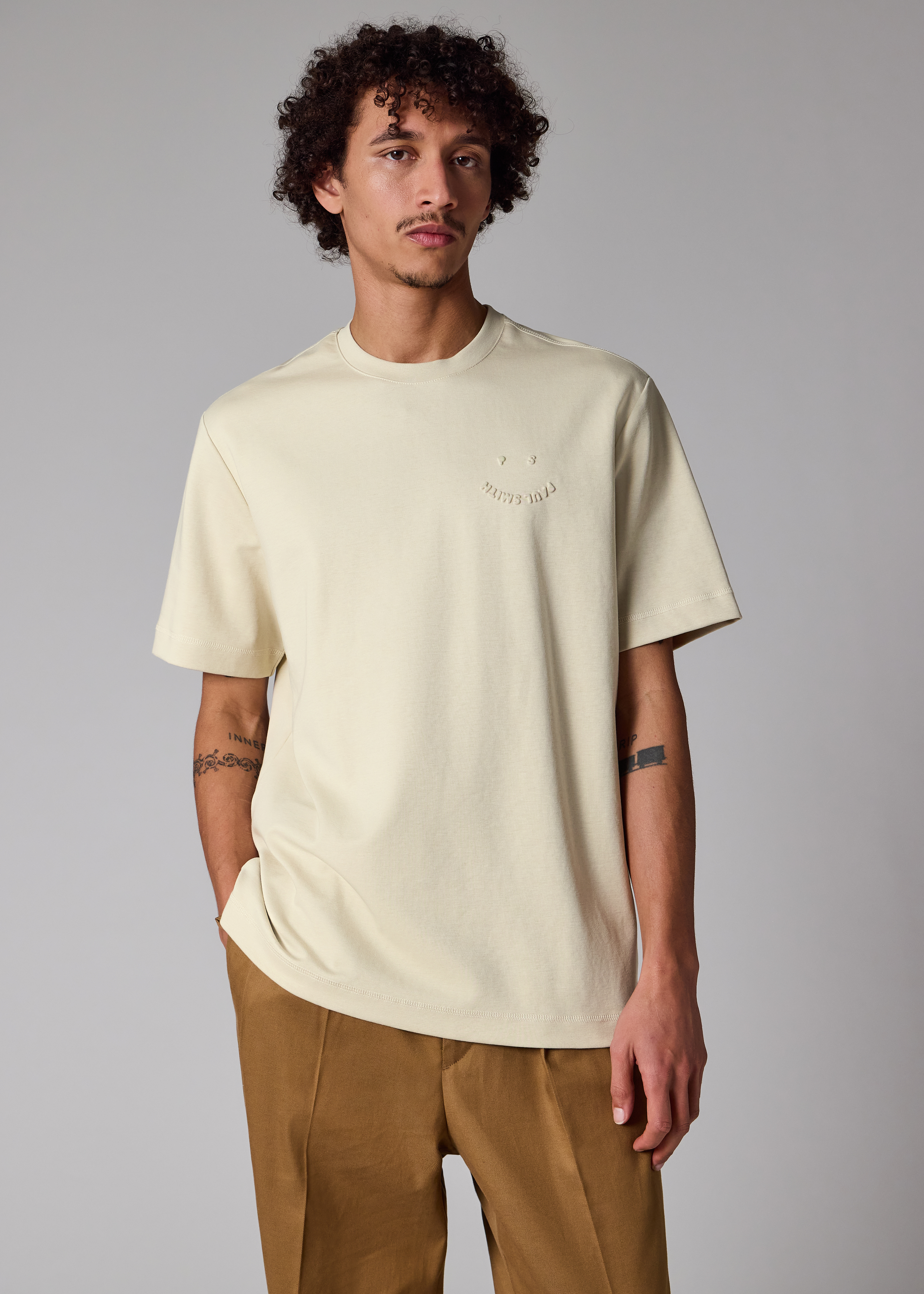 Casual-Fit Ecru Embossed 'Happy' T-Shirt