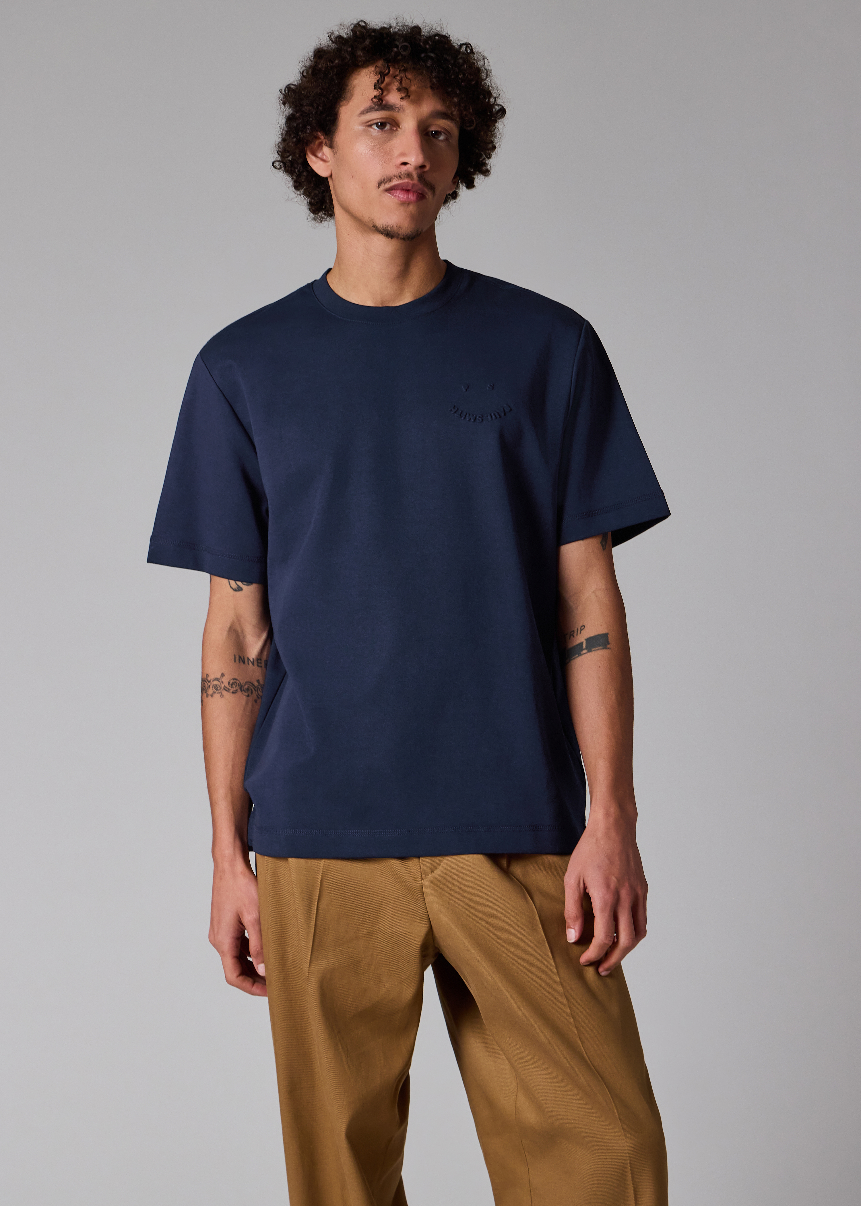 Casual-Fit Navy Embossed 'Happy' T-Shirt