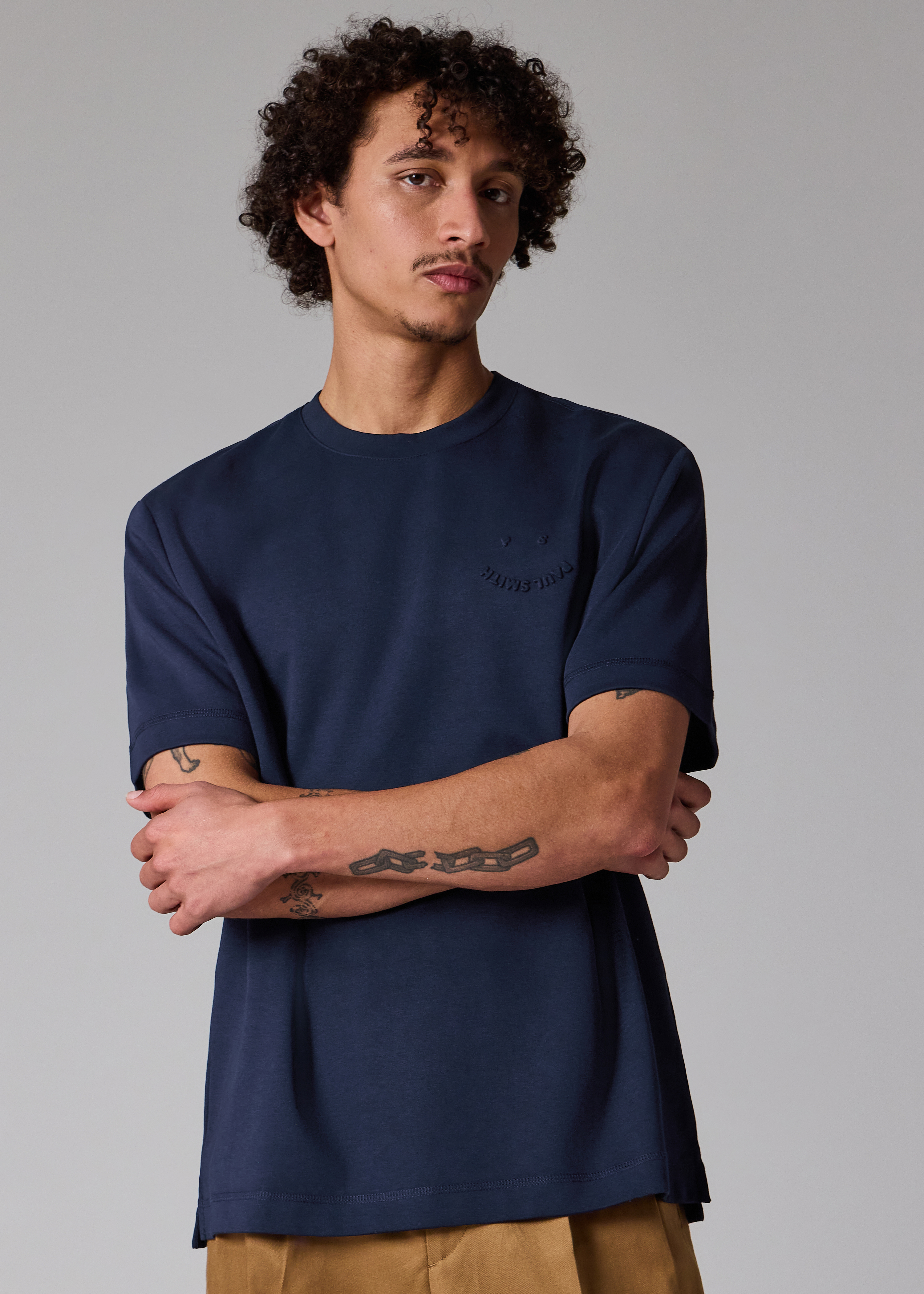 Casual-Fit Navy Embossed 'Happy' T-Shirt
