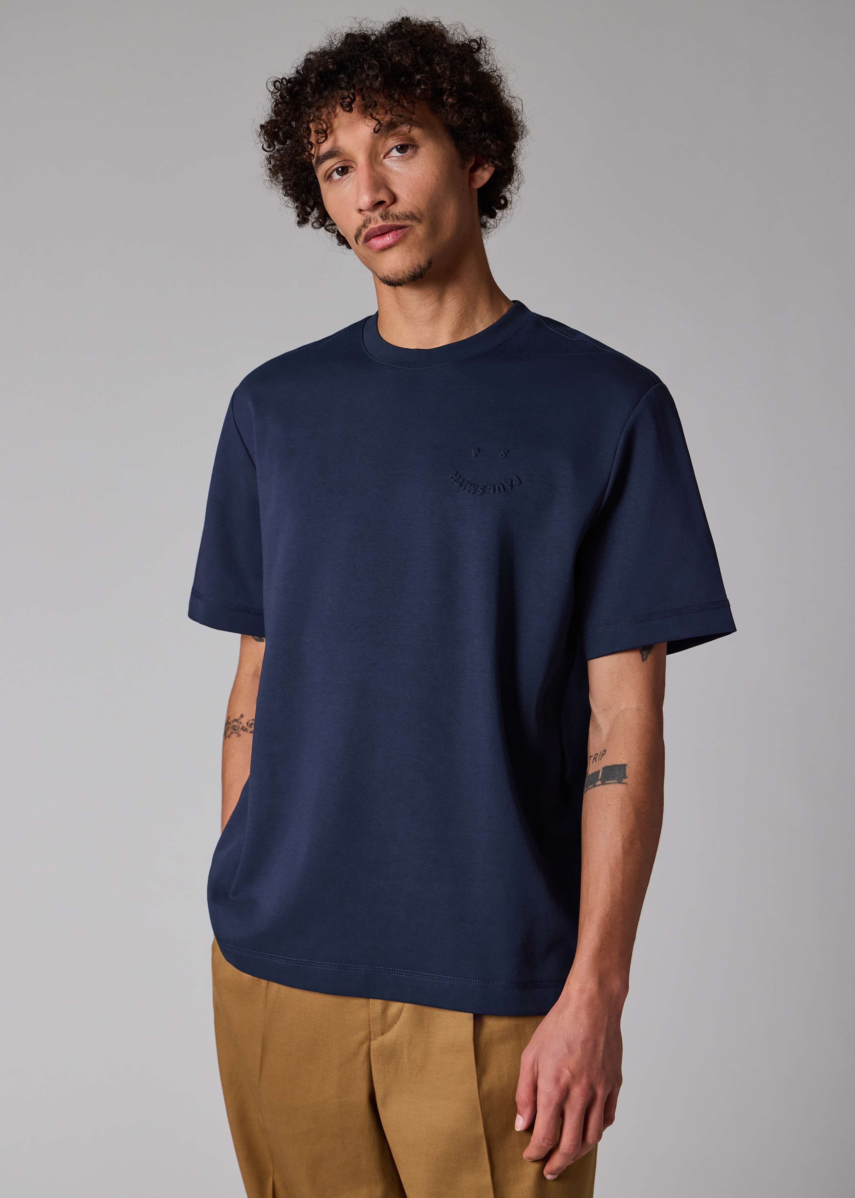 Casual-Fit Navy Embossed 'Happy' T-Shirt