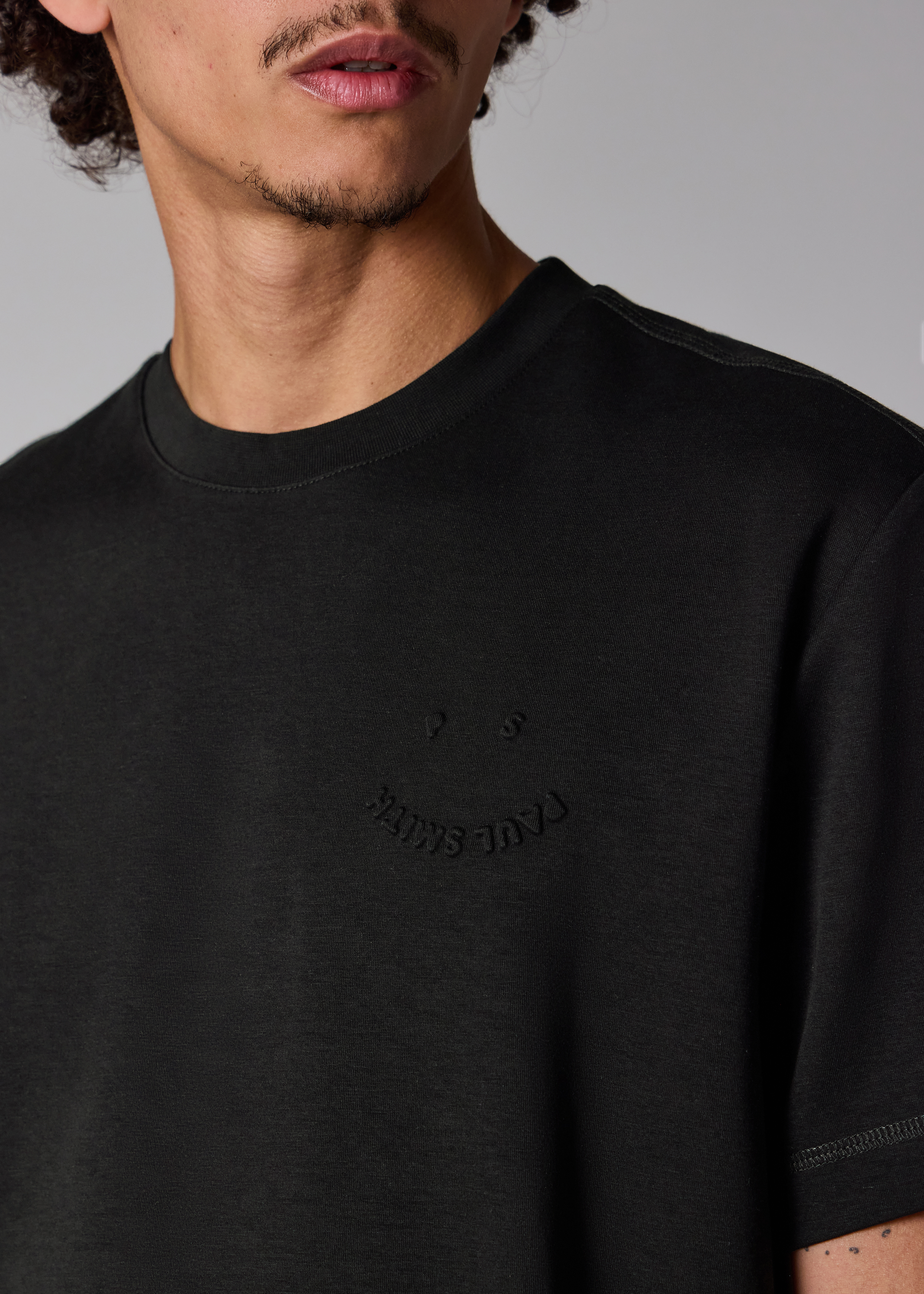 Casual-Fit Black Embossed 'Happy' T-Shirt